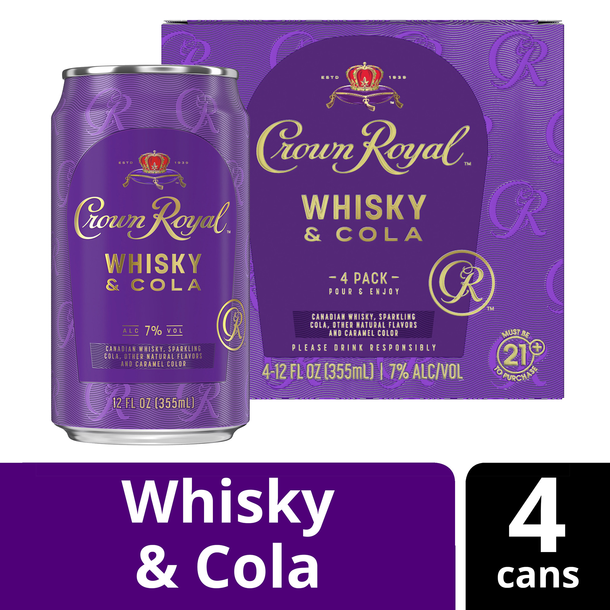 Enjoy a royally delicious cocktail in a ready-to-drink can with Crown Royal Whisky and Cola Canadian Whisky Cocktail. Featuring the signature smoothness of traditional Crown Royal Whisky combined with cola, this cocktail offers an effortlessly delicious way to relax or celebrate. For a refreshing tasting cocktail, simply pour in a glass with ice and garnish with a lime wedge. Crown Royal Whisky and Cola Canadian Whisky Cocktail earned a gold medal at the 2021 San Francisco World Spirits Competition. Includes four 7% alc./vol. 12 fl oz cans of Whisky and Cola Canadian Whisky Cocktail. Please drink responsibly., Four 12 fl oz cans of Crown Royal Whisky and Cola Canadian Whisky Cocktail, 2021 San Francisco World Spirits Competition Gold Medal Winner, Prepared single-serve drink with natural flavors, Effortless way to relax or celebrate, Delicious signature cocktail in a ready-to-drink can, Features the smooth taste of traditional Crown Royal Whisky with notes of cola