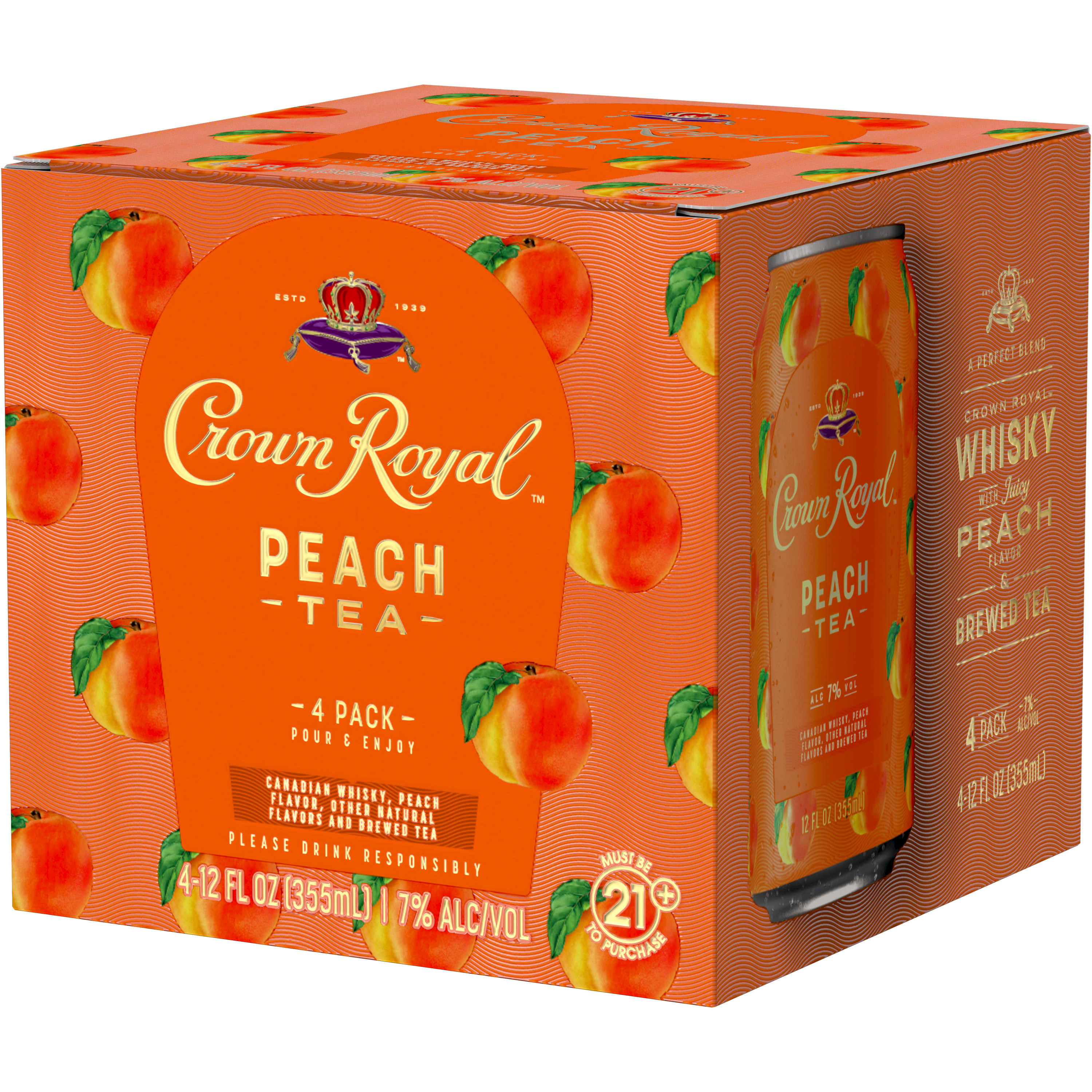 Enjoy a royally delicious cocktail in a ready-to-drink can with Crown Royal Peach Tea Canadian Whisky Cocktail. Featuring the signature smoothness of traditional Crown Royal Whisky combined with the sweet flavor of fresh peaches, this cocktail offers an effortlessly delicious way to relax or celebrate. For a refreshing tasting cocktail, simply pour in a glass with ice and garnish with a peach slice. Includes four 7% alc./vol. 12 fl oz cans of Peach Tea Canadian Whisky Cocktail. Please drink responsibly., Four 12 fl oz cans of Crown Royal Peach Tea Canadian Whisky Cocktail, Awarded a Gold Medal in 2023 and 2021 at the San Francisco World Spirits Competition, Prepared single-serve drink with natural flavors, Effortless way to relax or celebrate, Delicious signature cocktail in a ready-to-drink can, Features the smooth taste of traditional Crown Royal Whisky with sweet notes of fresh peaches