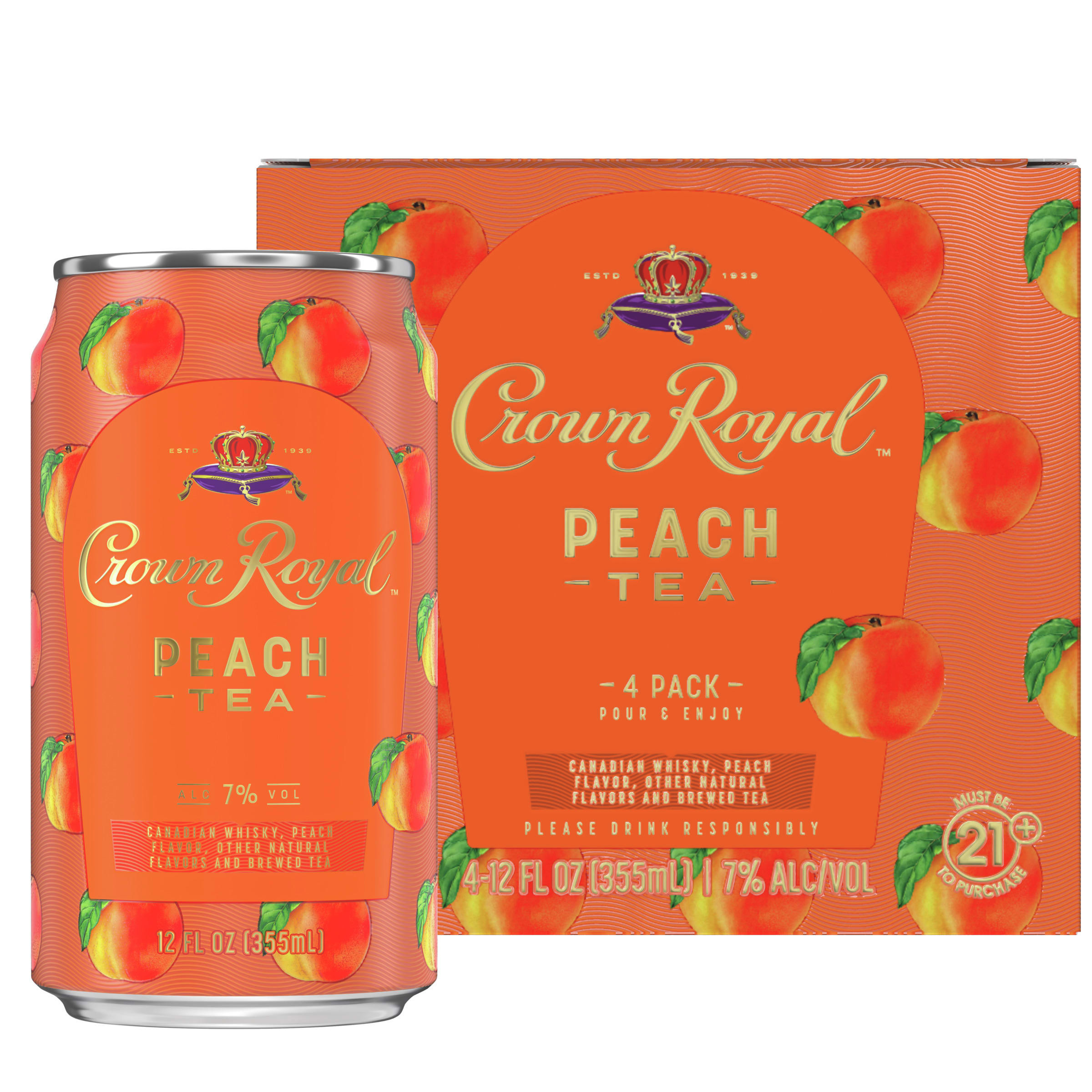 Enjoy a royally delicious cocktail in a ready-to-drink can with Crown Royal Peach Tea Canadian Whisky Cocktail. Featuring the signature smoothness of traditional Crown Royal Whisky combined with the sweet flavor of fresh peaches, this cocktail offers an effortlessly delicious way to relax or celebrate. For a refreshing tasting cocktail, simply pour in a glass with ice and garnish with a peach slice. Includes four 7% alc./vol. 12 fl oz cans of Peach Tea Canadian Whisky Cocktail. Please drink responsibly., Four 12 fl oz cans of Crown Royal Peach Tea Canadian Whisky Cocktail, Awarded a Gold Medal in 2023 and 2021 at the San Francisco World Spirits Competition, Prepared single-serve drink with natural flavors, Effortless way to relax or celebrate, Delicious signature cocktail in a ready-to-drink can, Features the smooth taste of traditional Crown Royal Whisky with sweet notes of fresh peaches