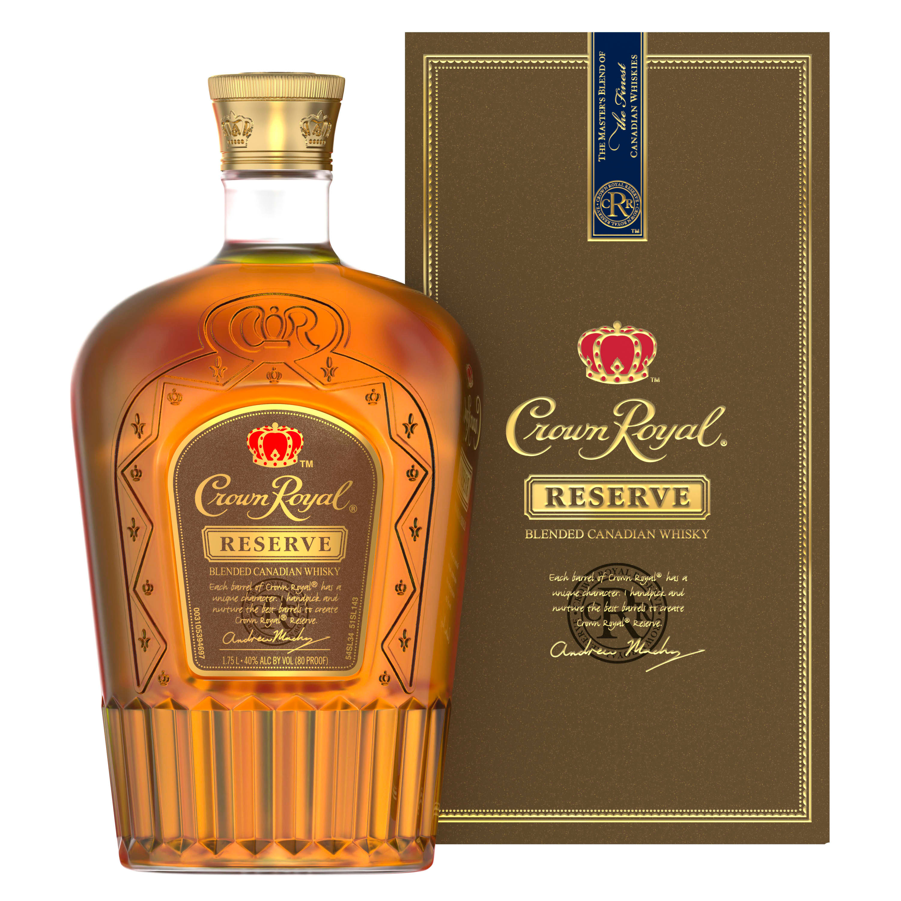 Unwind in luxury with a glass of Crown Royal Reserve Blended Canadian Whisky. With a velvety texture and strong notes of clove, cinnamon and rye, our reserve-grade whisky is blended with 50 deep-bodied whiskies for a refined and rich flavor. Made with the signature smoothness of traditional Crown Royal, our whisky is matured to perfection and follows the standard of excellence for Canadian whisky. Simply serve in a chilled glass for a refreshing tasting whisky neat. Includes one 80 proof 1.75 L bottle of Reserve Blended Canadian Whisky. Please drink responsibly., One 1.75 L bottle of Crown Royal Reserve Blended Canadian Whisky, Perfect as a gift or for any celebration, Meticulously blended with 50 distinct and rich whiskies, Velvety texture and strong notes of clove, cinnamon and rye for a refined flavor, Robust, deep-bodied blend of 50 Canadian reserve-grade whiskies, Matured to perfection