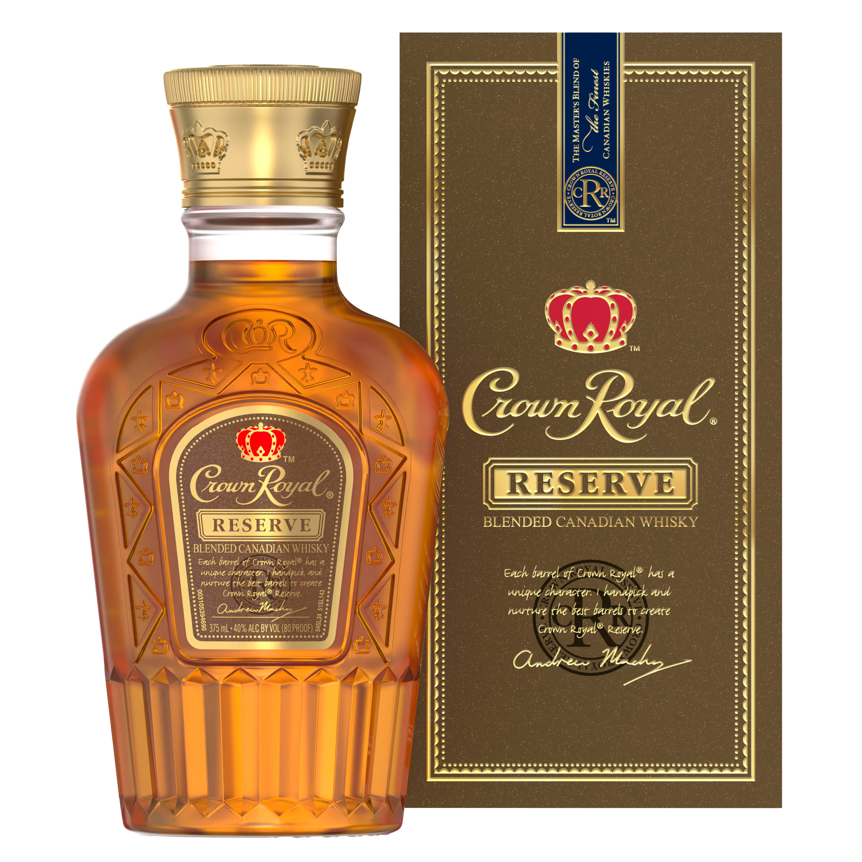 Unwind in luxury with a glass of Crown Royal Reserve Blended Canadian Whisky. With a velvety texture and strong notes of clove, cinnamon and rye, our reserve-grade whisky is blended with 50 deep-bodied whiskies for a refined and rich flavor. Made with the signature smoothness of traditional Crown Royal, our whisky is matured to perfection and follows the standard of excellence for Canadian whisky. Simply serve in a chilled glass for a refreshing tasting whisky neat. Crown Royal Reserve Blended Canadian Whisky won a Gold medal at the 2022 San Francisco World Spirits Competition. Includes one 80 proof 375 mL bottle of Reserve Blended Canadian Whisky. Please drink responsibly., One 375 mL bottle of Crown Royal Reserve Blended Canadian Whisky, Awarded a Gold medal at the 2022 San Francisco World Spirits Competition, Perfect as a gift or for any celebration, Velvety texture and strong notes of clove, cinnamon and rye for a refined flavor, Robust, deep-bodied blend of 50 Canadian reserve-grade whiskies, Matured to perfection