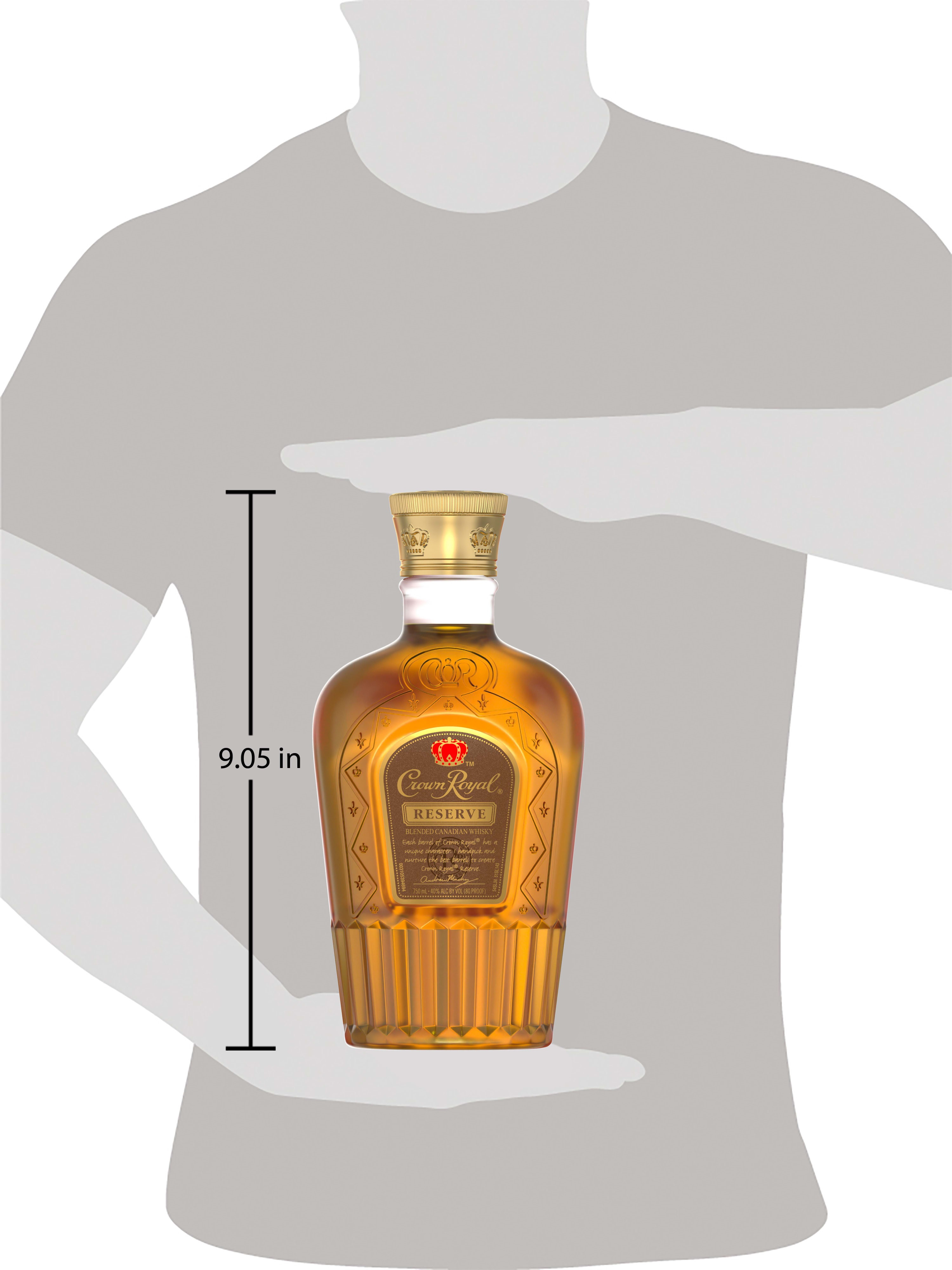 Unwind in luxury with a glass of Crown Royal Reserve Blended Canadian Whisky. With a velvety texture and strong notes of clove, cinnamon and rye, our reserve-grade whisky is blended with 50 deep-bodied whiskies for a refined and rich flavor. Made with the signature smoothness of traditional Crown Royal, our whisky is matured to perfection and follows the standard of excellence for Canadian whisky. Simply serve in a chilled glass for a refreshing tasting whisky neat. Crown Royal Reserve Blended Canadian Whisky won a Gold medal at the 2022 San Francisco World Spirits Competition. Includes one 80 proof 750 mL bottle of Reserve Blended Canadian Whisky. Please drink responsibly., One 750 mL bottle of Crown Royal Reserve Blended Canadian Whisky, Awarded a Gold medal at the 2022 San Francisco World Spirits Competition, Perfect as a gift or for any celebration, Velvety texture and strong notes of clove, cinnamon and rye for a refined flavor, Robust, deep-bodied blend of 50 Canadian reserve-grade whiskies, Matured to perfection