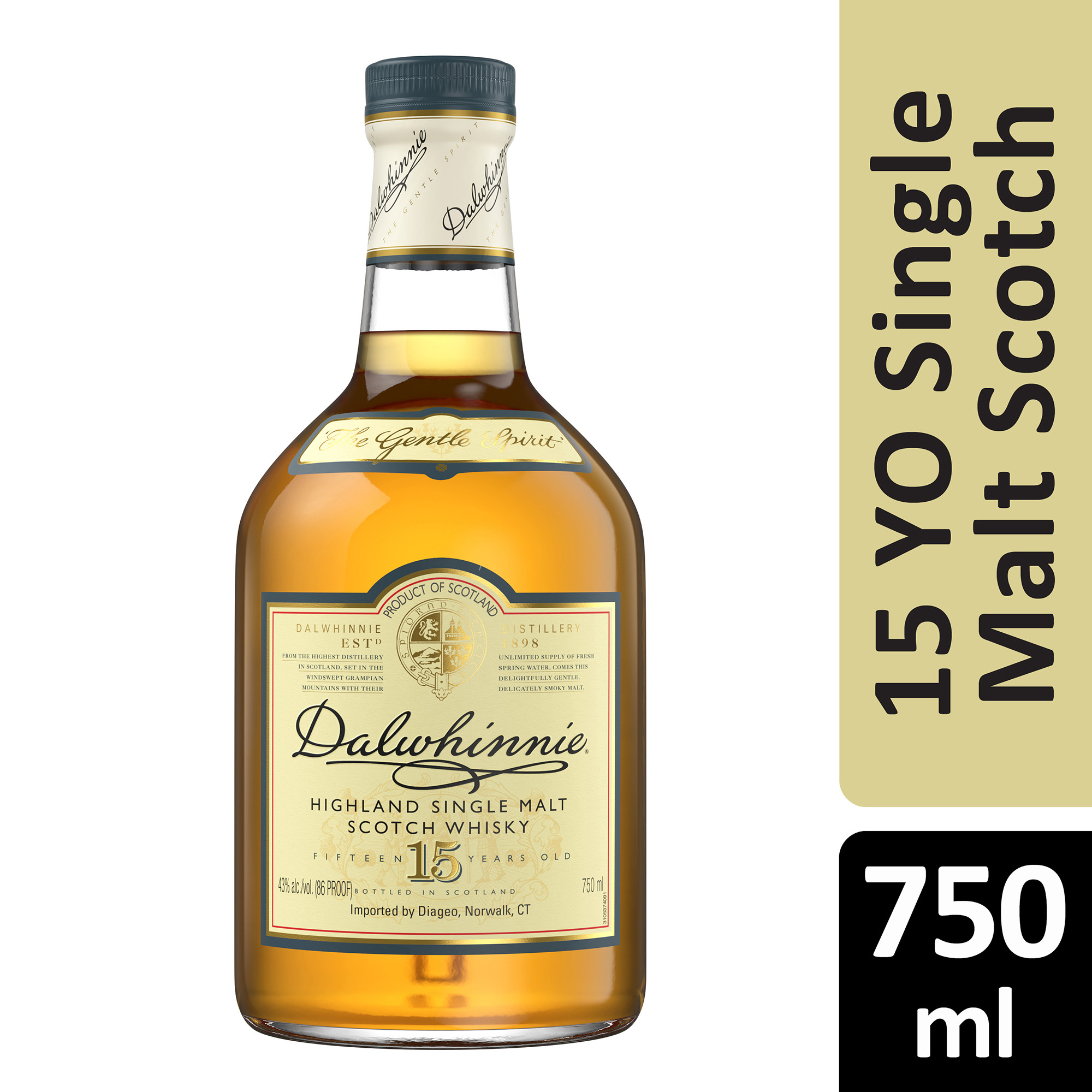 Savor the timeless taste of Dalwhinnie 15 Year Old Single Malt Scotch Whisky. The smooth flavors of heather-honey, vanilla and citrus fruit flow into a lingering and surprisingly intense finish. Our 86 proof whisky finds new depths when paired with crÃ¨me brÃ»lÃ©e or bread and butter pudding. The clean, deep flavors of this aged whisky call for a neat serve, with a splash of chilled water. Includes one 86 proof 750 mL bottle of Dalwhinnie 15 Year Old Single Malt Scotch Whisky. Please drink responsibly., Includes one 750 mL bottle of Dalwhinnie 15 Year Old Single Malt Scotch Whisky, 2017 San Francisco World Spirits Competition Gold Medal Winner, 86 Proof, Perfect as a whisky gift or for any one-of-a-kind celebration, A long and surprisingly intense finish, Pairs well with crÃ¨me brÃ»lÃ©e or bread and butter pudding, Notes of heather-honey sweetness, vanilla, citrus fruit, and malted bread