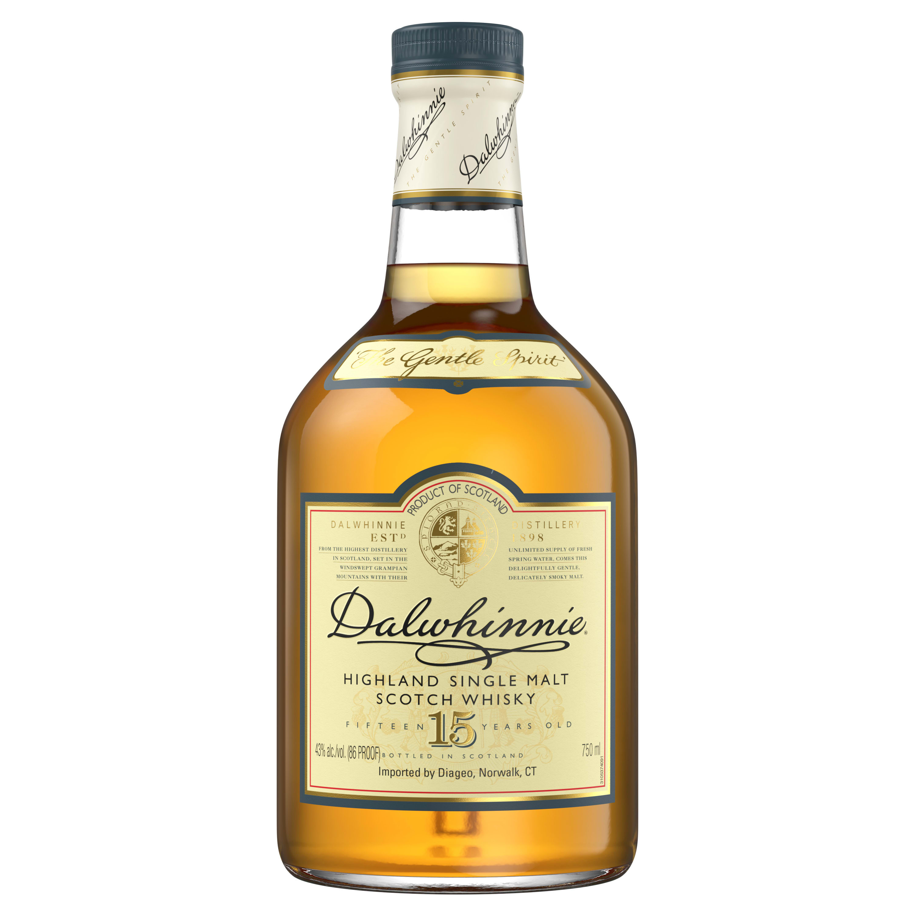 Savor the timeless taste of Dalwhinnie 15 Year Old Single Malt Scotch Whisky. The smooth flavors of heather-honey, vanilla and citrus fruit flow into a lingering and surprisingly intense finish. Our 86 proof whisky finds new depths when paired with crÃ¨me brÃ»lÃ©e or bread and butter pudding. The clean, deep flavors of this aged whisky call for a neat serve, with a splash of chilled water. Includes one 86 proof 750 mL bottle of Dalwhinnie 15 Year Old Single Malt Scotch Whisky. Please drink responsibly., Includes one 750 mL bottle of Dalwhinnie 15 Year Old Single Malt Scotch Whisky, 2017 San Francisco World Spirits Competition Gold Medal Winner, 86 Proof, Perfect as a whisky gift or for any one-of-a-kind celebration, A long and surprisingly intense finish, Pairs well with crÃ¨me brÃ»lÃ©e or bread and butter pudding, Notes of heather-honey sweetness, vanilla, citrus fruit, and malted bread