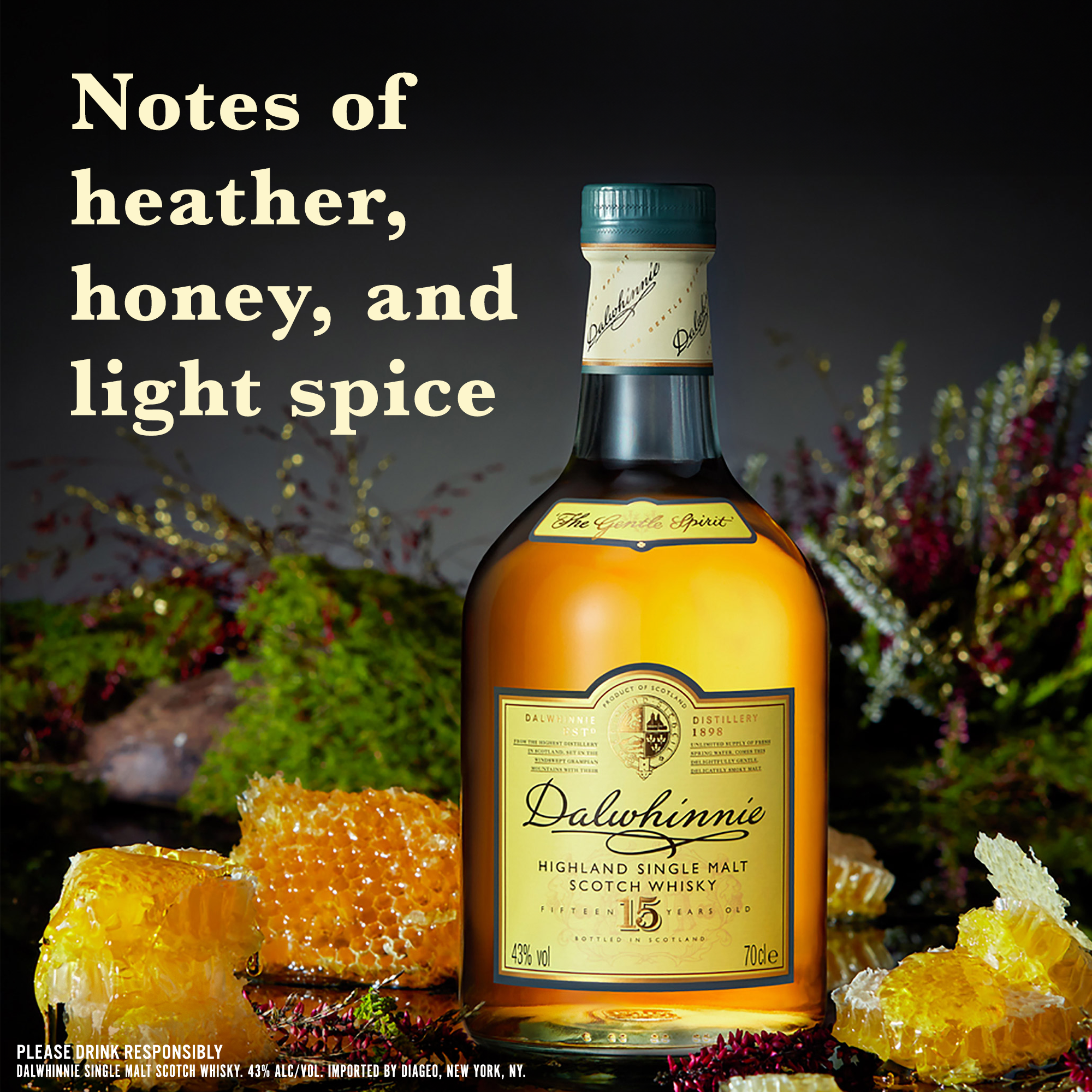 Savor the timeless taste of Dalwhinnie 15 Year Old Single Malt Scotch Whisky. The smooth flavors of heather-honey, vanilla and citrus fruit flow into a lingering and surprisingly intense finish. Our 86 proof whisky finds new depths when paired with crÃ¨me brÃ»lÃ©e or bread and butter pudding. The clean, deep flavors of this aged whisky call for a neat serve, with a splash of chilled water. Includes one 86 proof 750 mL bottle of Dalwhinnie 15 Year Old Single Malt Scotch Whisky. Please drink responsibly., Includes one 750 mL bottle of Dalwhinnie 15 Year Old Single Malt Scotch Whisky, 2017 San Francisco World Spirits Competition Gold Medal Winner, 86 Proof, Perfect as a whisky gift or for any one-of-a-kind celebration, A long and surprisingly intense finish, Pairs well with crÃ¨me brÃ»lÃ©e or bread and butter pudding, Notes of heather-honey sweetness, vanilla, citrus fruit, and malted bread