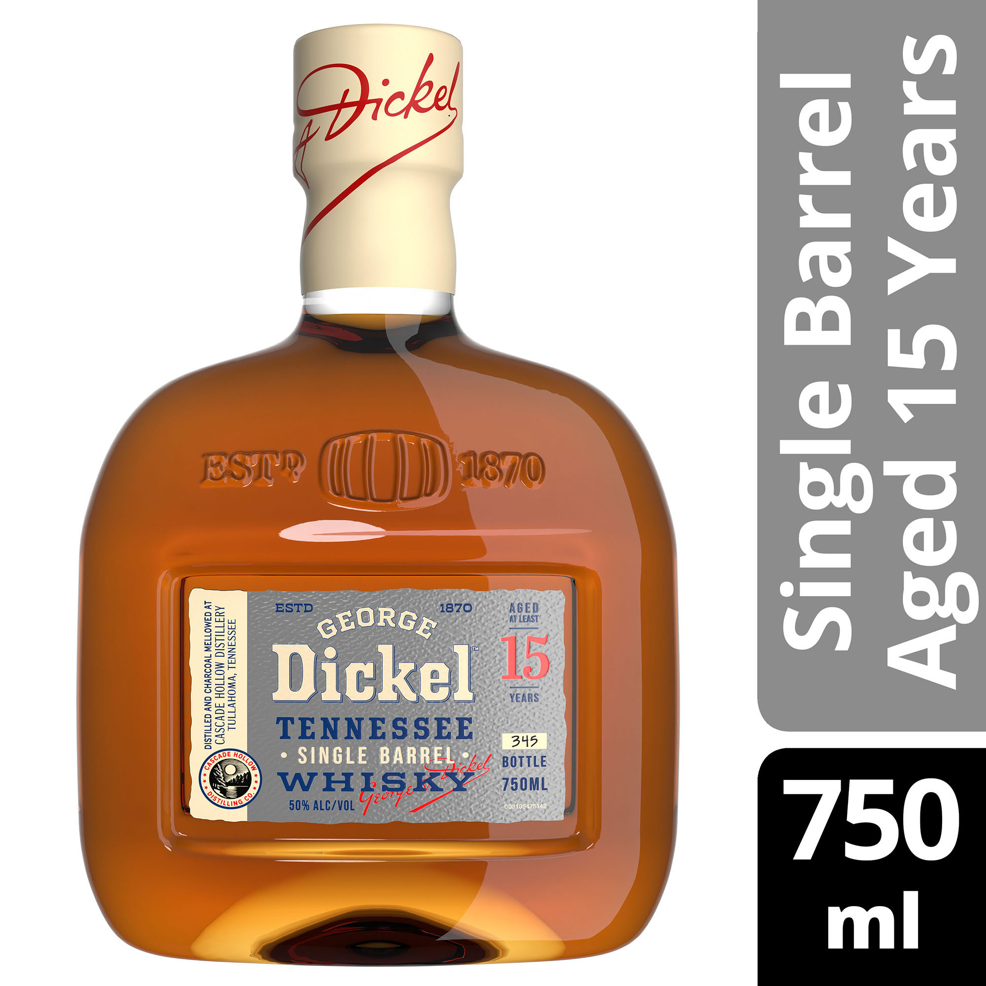 George Dickel Single Barrel Aged 15 Years Tennessee Whisky offers a one-of-a-kind experience for the most discerning drinker. Cascade Hollow Distillery has set aside a limited number of barrels holding our most precious and richly complex whisky at peak periods of maturation. Each barrel is bottled by hand at cask strength with minimal filtering, but no two barrels offer the same flavor. Unique in taste and aged at least 15 years, this handcrafted superior whisky stands in a class all by itself. Simply enjoy neat or with iced water on the side. Includes one 80-104.6 proof 750 mL bottle of Single Barrel Aged 15 Years Tennessee Whisky. Please drink responsibly., One 750 mL bottle of George Dickel Single Barrel Aged 15 Years Tennessee Whisky, 2021 San Francisco World Spirits Competition Gold Medal Winner, Precious and richly complex liquid at peak point of maturation, Perfect as a gift or for any celebration, Aged at least 15 years using a combination of chilled charcoal mellowing and our unique aging process, One-of-a-kind whisky from a limited number of barrels, each varying in flavor for a truly unique experience