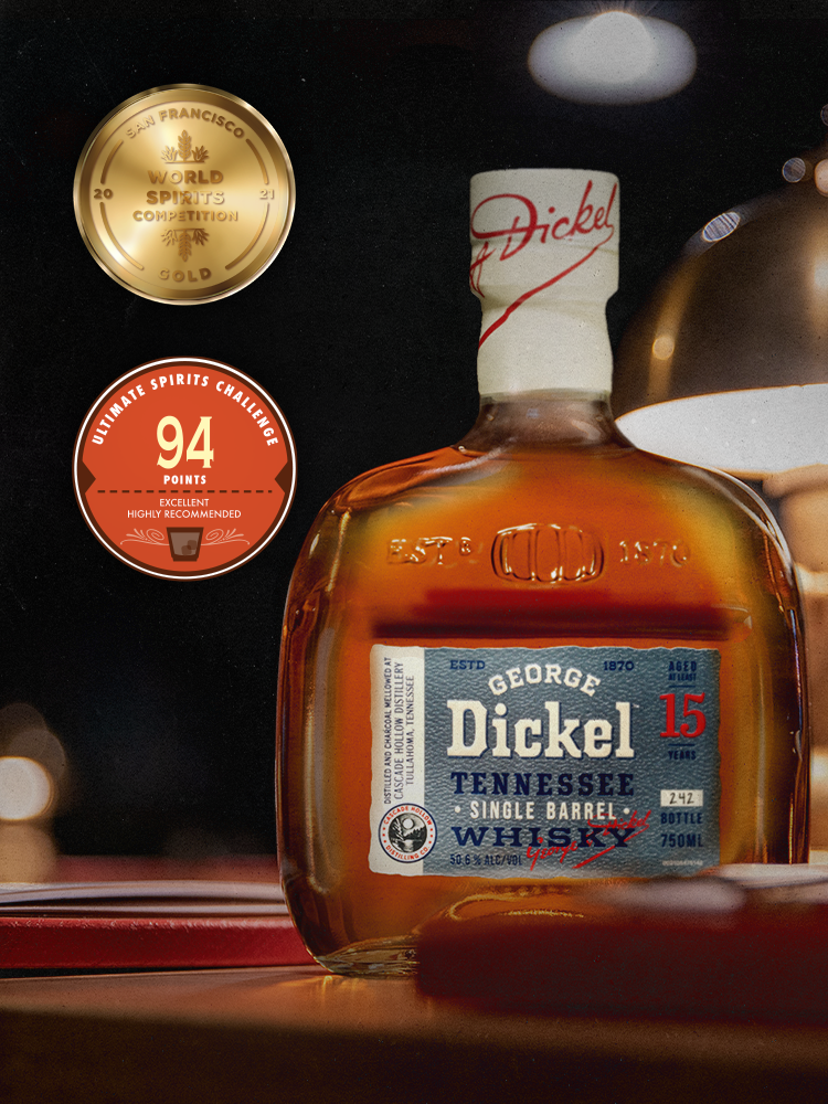 George Dickel Single Barrel Aged 15 Years Tennessee Whisky offers a one-of-a-kind experience for the most discerning drinker. Cascade Hollow Distillery has set aside a limited number of barrels holding our most precious and richly complex whisky at peak periods of maturation. Each barrel is bottled by hand at cask strength with minimal filtering, but no two barrels offer the same flavor. Unique in taste and aged at least 15 years, this handcrafted superior whisky stands in a class all by itself. Simply enjoy neat or with iced water on the side. Includes one 80-104.6 proof 750 mL bottle of Single Barrel Aged 15 Years Tennessee Whisky. Please drink responsibly., One 750 mL bottle of George Dickel Single Barrel Aged 15 Years Tennessee Whisky, 2021 San Francisco World Spirits Competition Gold Medal Winner, Precious and richly complex liquid at peak point of maturation, Perfect as a gift or for any celebration, Aged at least 15 years using a combination of chilled charcoal mellowing and our unique aging process, One-of-a-kind whisky from a limited number of barrels, each varying in flavor for a truly unique experience