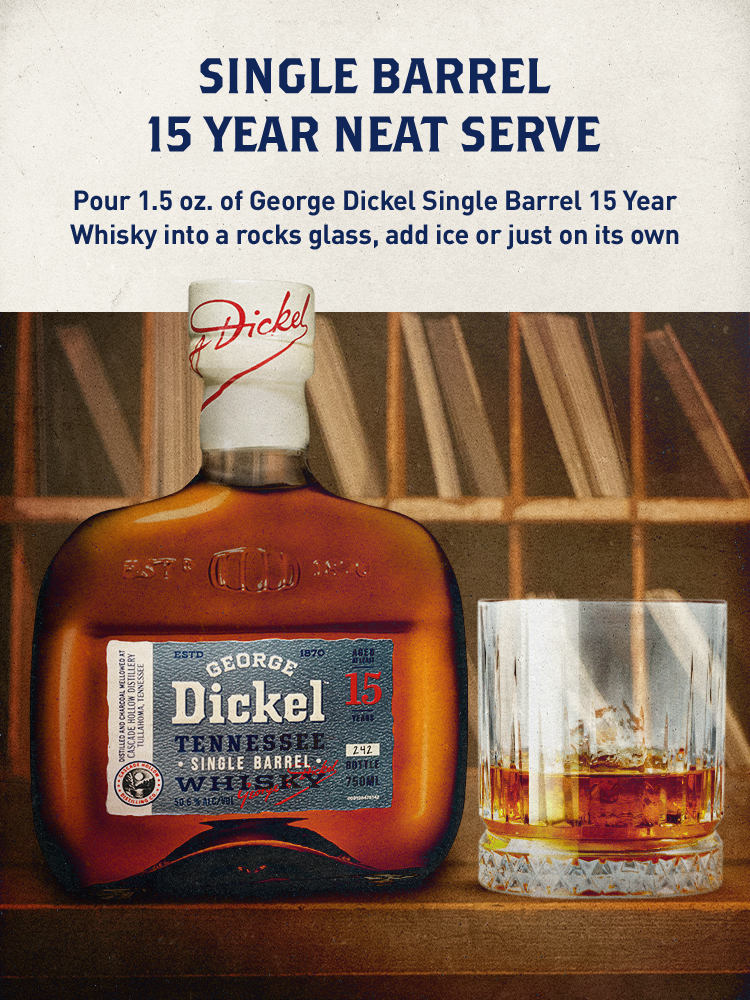 George Dickel Single Barrel Aged 15 Years Tennessee Whisky offers a one-of-a-kind experience for the most discerning drinker. Cascade Hollow Distillery has set aside a limited number of barrels holding our most precious and richly complex whisky at peak periods of maturation. Each barrel is bottled by hand at cask strength with minimal filtering, but no two barrels offer the same flavor. Unique in taste and aged at least 15 years, this handcrafted superior whisky stands in a class all by itself. Simply enjoy neat or with iced water on the side. Includes one 80-104.6 proof 750 mL bottle of Single Barrel Aged 15 Years Tennessee Whisky. Please drink responsibly., One 750 mL bottle of George Dickel Single Barrel Aged 15 Years Tennessee Whisky, 2021 San Francisco World Spirits Competition Gold Medal Winner, Precious and richly complex liquid at peak point of maturation, Perfect as a gift or for any celebration, Aged at least 15 years using a combination of chilled charcoal mellowing and our unique aging process, One-of-a-kind whisky from a limited number of barrels, each varying in flavor for a truly unique experience