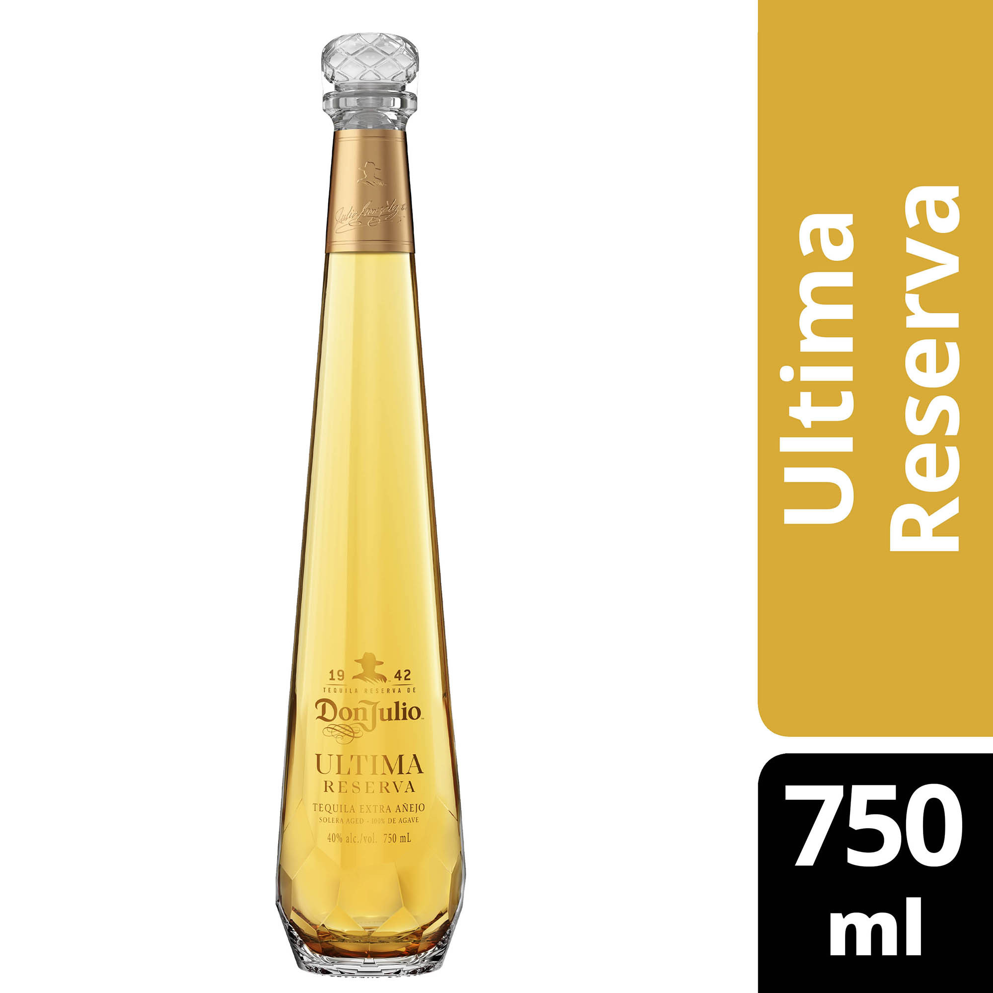 A special 36-month aged luxury Extra Anejo Tequila that preserves the final agave harvest planted by Don Julio Gonzalez himself, Don Julio Ultima Reserva Extra Anejo Solero Aged Tequila honors his devotion and craftsmanship, offering an exceptional tequila that's perfect for your special moments. Carefully produced using a Solera aging system which combines and matures tequilas of different characteristics finished in unique casks, Don Julio's final agave harvest remains at the heart of this rare Extra Anejo Tequila. Rested in oak previously used to age bourbon and finished in Madeira wine-seasoned casks, this exquisite tequila begins with a nose of toasted oak and caramel, followed by hints of apricot and orange and a finish with deliciously smooth honeyed agave. Perfect for those special moments with close family and friends, it is best enjoyed neat or on the rocks. Includes one 80 proof 750 mL bottle of Don Julio Ultima Reserva Extra Anejo Solera Aged Tequila. Please drink responsibly., One 750 mL bottle of Don Julio Ultima Reserva Extra Anejo Solera Aged Tequila, 80 proof, Perfect for those special moments you want to savor and celebrate with those closest to you, Exceptional tequila with notes of toasted oak, caramel, apricot and orange, Rested in oak previously used to age bourbon and finished in Madeira wine-seasoned casks, A specially aged luxury tequila that preserves the final agave harvest planted by Don Julio Gonzalez himself