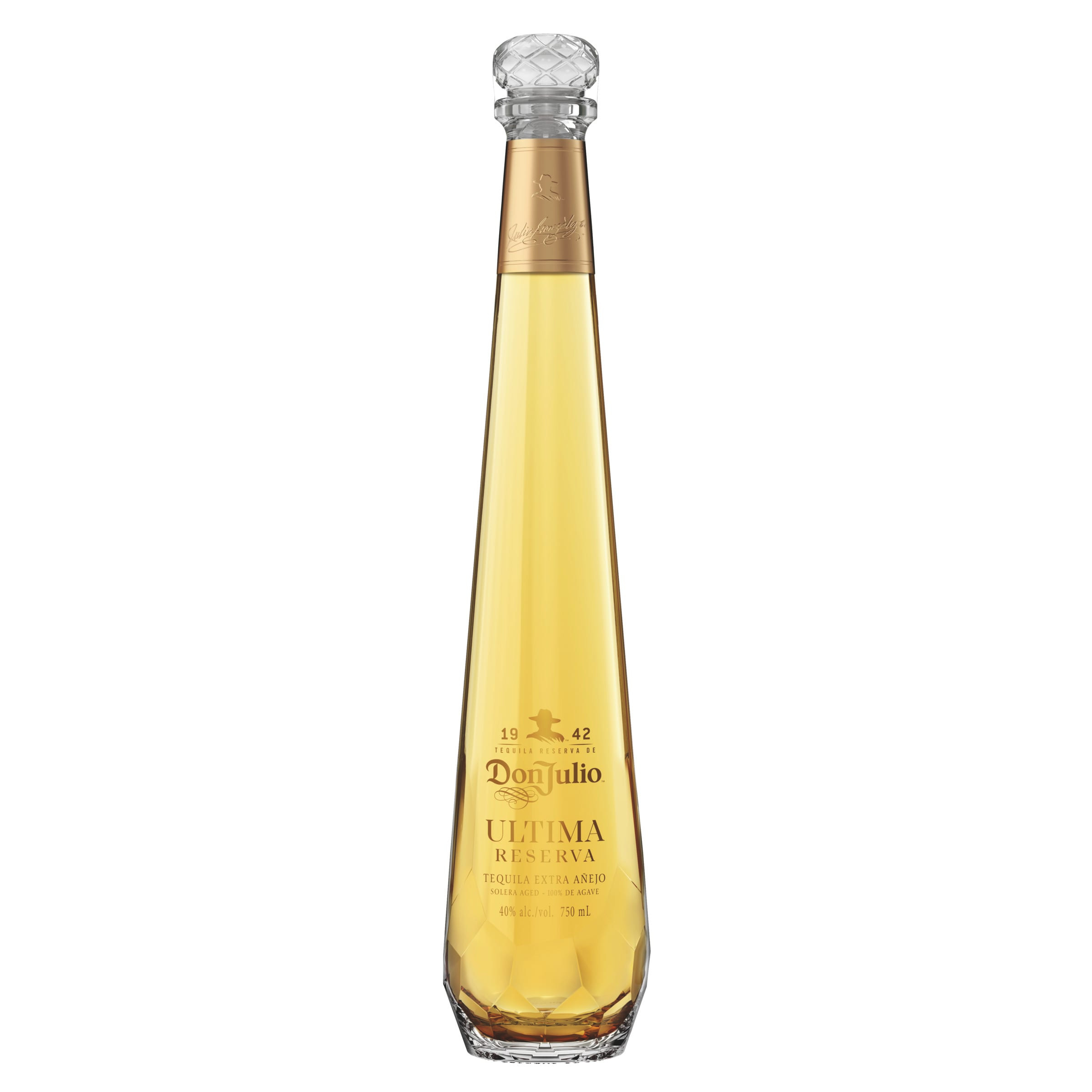 A special 36-month aged luxury Extra Anejo Tequila that preserves the final agave harvest planted by Don Julio Gonzalez himself, Don Julio Ultima Reserva Extra Anejo Solero Aged Tequila honors his devotion and craftsmanship, offering an exceptional tequila that's perfect for your special moments. Carefully produced using a Solera aging system which combines and matures tequilas of different characteristics finished in unique casks, Don Julio's final agave harvest remains at the heart of this rare Extra Anejo Tequila. Rested in oak previously used to age bourbon and finished in Madeira wine-seasoned casks, this exquisite tequila begins with a nose of toasted oak and caramel, followed by hints of apricot and orange and a finish with deliciously smooth honeyed agave. Perfect for those special moments with close family and friends, it is best enjoyed neat or on the rocks. Includes one 80 proof 750 mL bottle of Don Julio Ultima Reserva Extra Anejo Solera Aged Tequila. Please drink responsibly., One 750 mL bottle of Don Julio Ultima Reserva Extra Anejo Solera Aged Tequila, 80 proof, Perfect for those special moments you want to savor and celebrate with those closest to you, Exceptional tequila with notes of toasted oak, caramel, apricot and orange, Rested in oak previously used to age bourbon and finished in Madeira wine-seasoned casks, A specially aged luxury tequila that preserves the final agave harvest planted by Don Julio Gonzalez himself