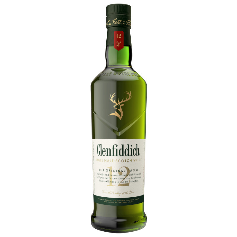 Using only the most exceptional ingredients and allowing only the heart of the distillate to continue onto maturation, the Glenfiddich 12 year is then carefully matured in the finest American bourbon and Spanish sherry oak casks for at least 12 years. After aging we marry the whisky in vast tuns for up to 9 months, to guarantee the quality and harmony of our spirit. Our 12 year single malt has distinctive fresh pear with subtle oak flavors and a long smooth vanilla finish. From these stills flow the traditions of a land, the pioneers of an industry, and the dreams of a family.