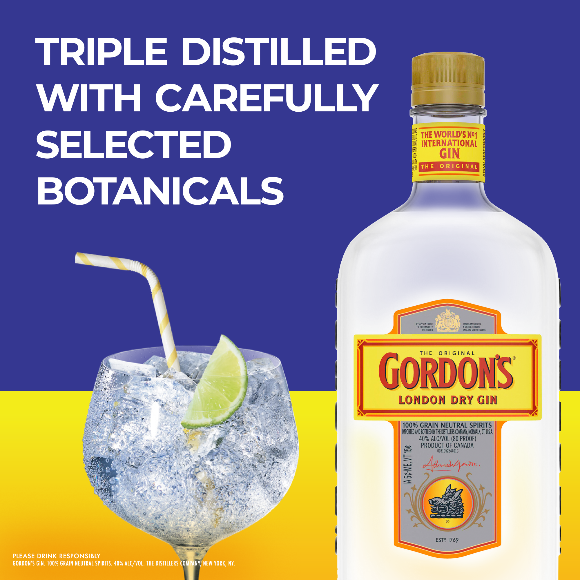 Share a moment and have a great time with friends and Gordon's London Dry Gin. Our distinctively refreshing taste comes from the finest handpicked juniper berries and a balance of fresh coriander, citrus and spice. Best served in a classic gin and tonic cocktail. Includes one 80 proof 1.75 L bottle of London Dry Gin. Please drink responsibly., One 1.75 L bottle of Gordon's Gin, Awarded a Gold Medal in 2024 at the the San Francisco World Spirits Competition, 80 Proof, Carefully distilled using a secret recipe