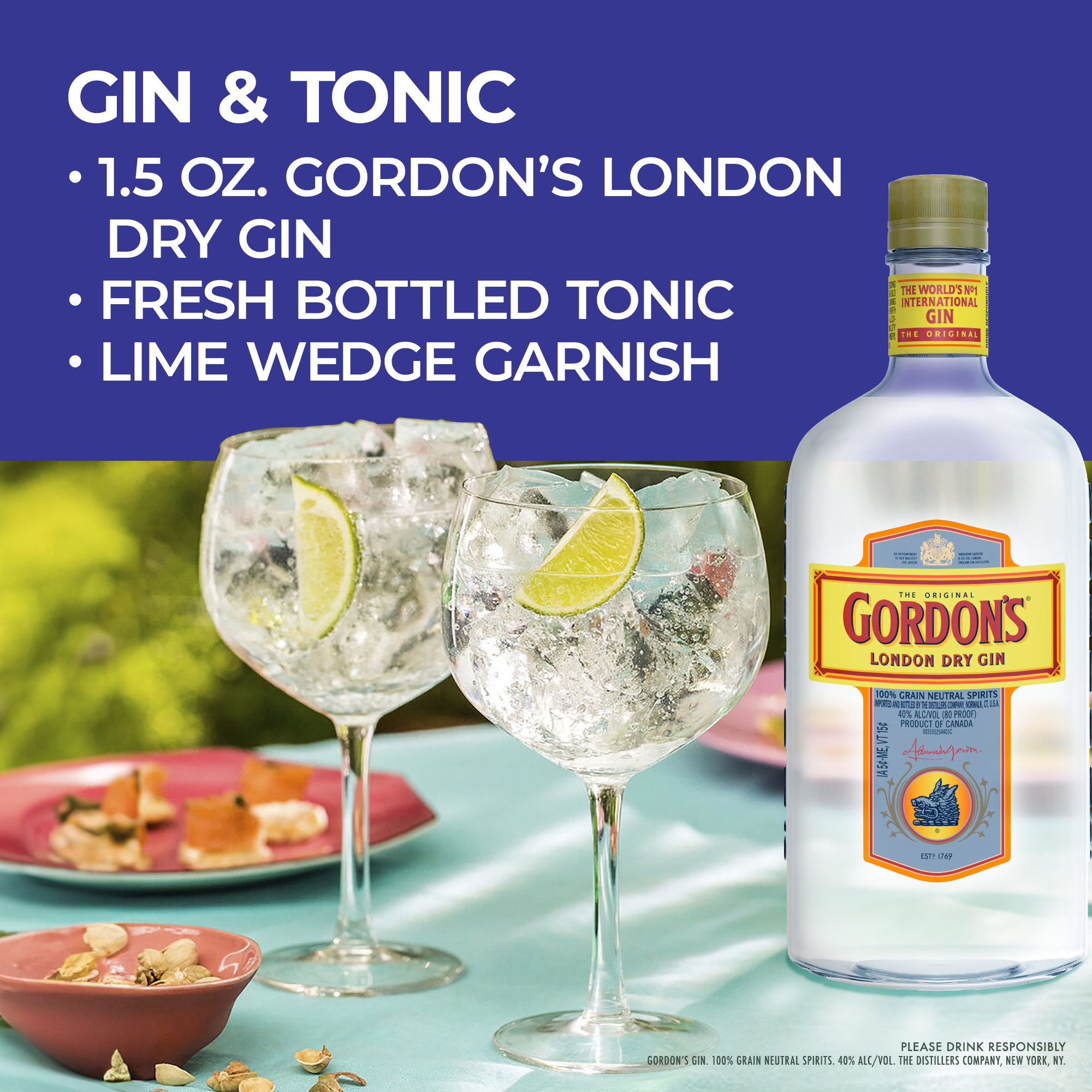 Share a moment and have a great time with friends and Gordon's London Dry Gin. Our distinctively refreshing taste comes from the finest handpicked juniper berries and a balance of fresh coriander, citrus and spice. Best served in a classic gin and tonic cocktail. Includes one 80 proof 1.75 L bottle of London Dry Gin. Please drink responsibly., One 1.75 L bottle of Gordon's Gin, Awarded a Gold Medal in 2024 at the the San Francisco World Spirits Competition, 80 Proof, Carefully distilled using a secret recipe