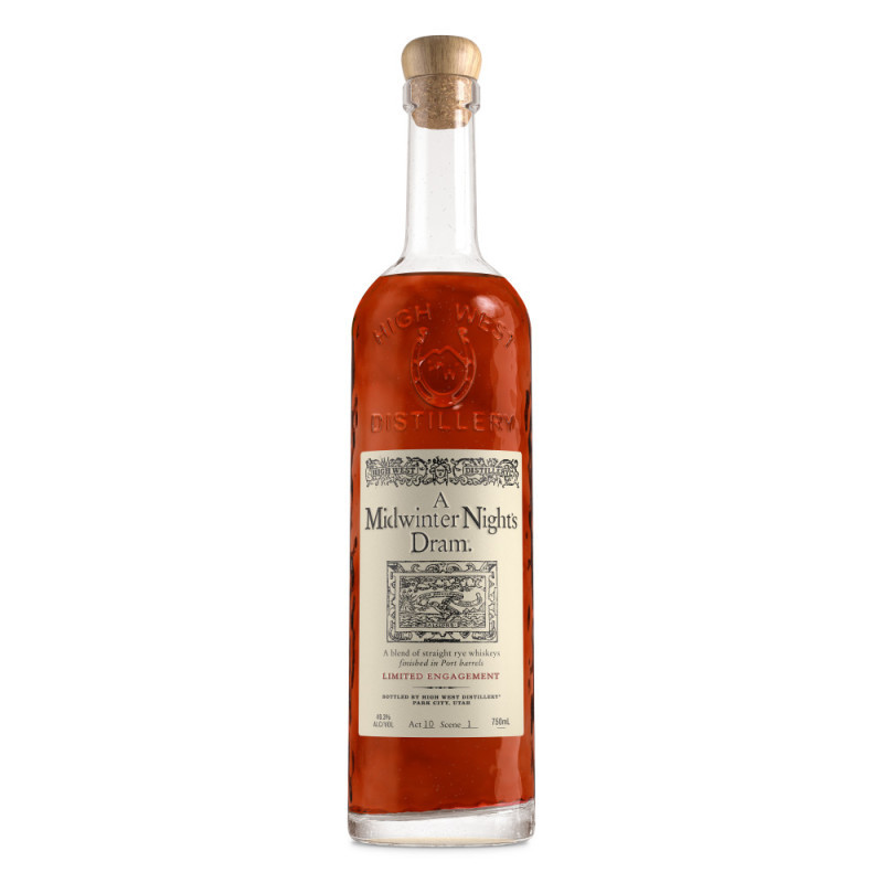 High West A Midwinter Night's Dram whiskey is made to be savored, like the works of William Shakespeare. This limited-release whiskey is a sumptuous marriage of rye whiskeys finished in port wine barrels. This 750mL bottle of blended whiskey is aged in charred white oak barrels prior to finishing. This process gives it uncompromising flavor, with the rye forming a base of vanilla, caramel, and cinnamon, while the port barrels add notes of plum, dried fruit, and spice. With its aromas of muddled blackberry, honey-poached fig, chocolate-covered cherry, toasted marshmallow, gentian root, star anise, hoisin sauce, and well-worn leather, this port-finished whiskey evokes feelings of being wrapped up in a warm blanket by the fire on a crisp evening. On the palate, this aged whiskey is brimming with flavors of plum, blackberry, orange peel, toffee, fresh date, cinnamon strudel, brown sugar, and thyme leaf. Enjoy this whiskey straight to savor its distinctive combination of flavors Sip Responsibly. A Midwinter Nights Dram Straight Rye Whiskey 49.3% Alc/Vol  2025 High West Distillery, Park City, UT