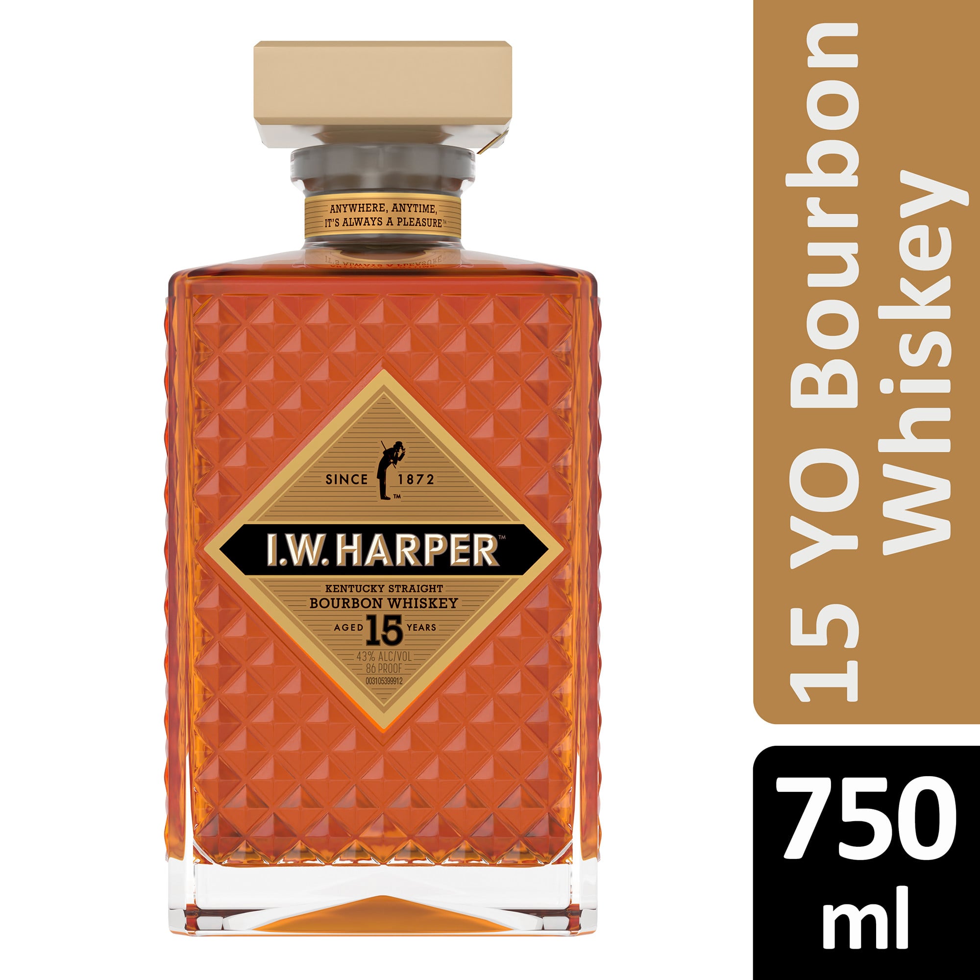 Offering a richness of taste and history only the I.W. Harper brand can provide, I.W. Harper 15 Year Old Kentucky Straight Bourbon Whiskey is a refined bourbon, perfect for lifeâ€™s special moments. On the nose is a lush, fruity aroma. The palate is sweeter up front with grain and corn immediately apparent, then moves into notes of oak, dried fruit, caramel, spice, and vanilla. The finish of this aged whiskey leaves a long and lasting warm oak mouthfeel perfect for sipping over conversation with adult friends and family. A premium-quality bourbon, it is best served neat or on the rocks. I.W. Harper 15 Year Old Kentucky Straight Bourbon Whiskey won awards two years in a row, including a Double Gold medal in 2022 and Gold in 2021 at the San Francisco World Spirits Competition. Includes one 86 proof 750 mL bottle of I.W. Harper 15 Year Old Kentucky Straight Bourbon Whiskey. Please enjoy responsibly., One 750 mL bottle of I.W. Harper 15 Year Old Kentucky Straight Bourbon Whiskey, Awarded a medal two years in a row, including a Double Gold medal in 2022 and Gold in 2021 at the San Francisco World Spirits Competition, A premium-quality bourbon, Long and lasting finish with a warm oak mouthfeel, Over 150 years of whiskey tradition, Notes of oak, dried fruit, caramel, spice, and vanilla