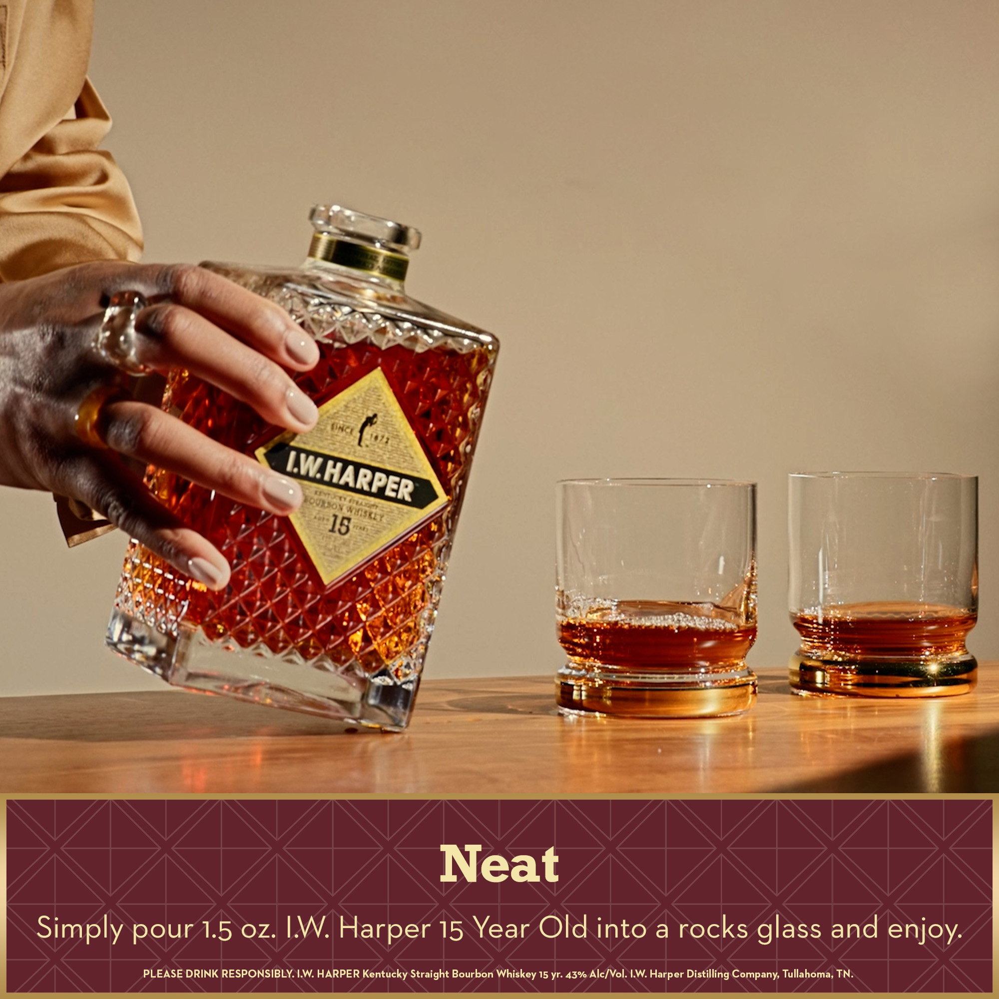 Offering a richness of taste and history only the I.W. Harper brand can provide, I.W. Harper 15 Year Old Kentucky Straight Bourbon Whiskey is a refined bourbon, perfect for lifeâ€™s special moments. On the nose is a lush, fruity aroma. The palate is sweeter up front with grain and corn immediately apparent, then moves into notes of oak, dried fruit, caramel, spice, and vanilla. The finish of this aged whiskey leaves a long and lasting warm oak mouthfeel perfect for sipping over conversation with adult friends and family. A premium-quality bourbon, it is best served neat or on the rocks. I.W. Harper 15 Year Old Kentucky Straight Bourbon Whiskey won awards two years in a row, including a Double Gold medal in 2022 and Gold in 2021 at the San Francisco World Spirits Competition. Includes one 86 proof 750 mL bottle of I.W. Harper 15 Year Old Kentucky Straight Bourbon Whiskey. Please enjoy responsibly., One 750 mL bottle of I.W. Harper 15 Year Old Kentucky Straight Bourbon Whiskey, Awarded a medal two years in a row, including a Double Gold medal in 2022 and Gold in 2021 at the San Francisco World Spirits Competition, A premium-quality bourbon, Long and lasting finish with a warm oak mouthfeel, Over 150 years of whiskey tradition, Notes of oak, dried fruit, caramel, spice, and vanilla