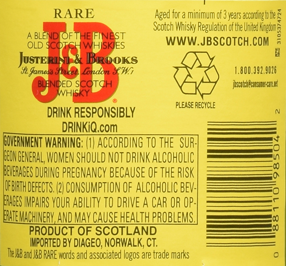 Sip the smooth and complex flavor of J&B Rare Blended Scotch Whisky. At the heart of J&B Rare are malt whiskies from Speyside, a region recognized as the superior area in Scotland for making single malt whisky. With a fruity, fresh quality to its taste, this is what also gives J&B its light color. Added to that are some of the finest grain whiskies Scotland has to offer, helping reveal the individual flavors of the various malts and the smooth character of J&B Rare. Perfect on its own or in a cocktail, mix with cola and pour over ice for a classic drink. Includes one 80 proof 750 mL bottle of J&B Rare Blended Scotch Whisky. Please drink responsibly., One 750 mL bottle of J&B Rare Blended Scotch Whisky, 80 proof, Distilled, blended and bottled in Scotland, Light-colored with a smooth and complex flavor, Fruity notes and smooth character