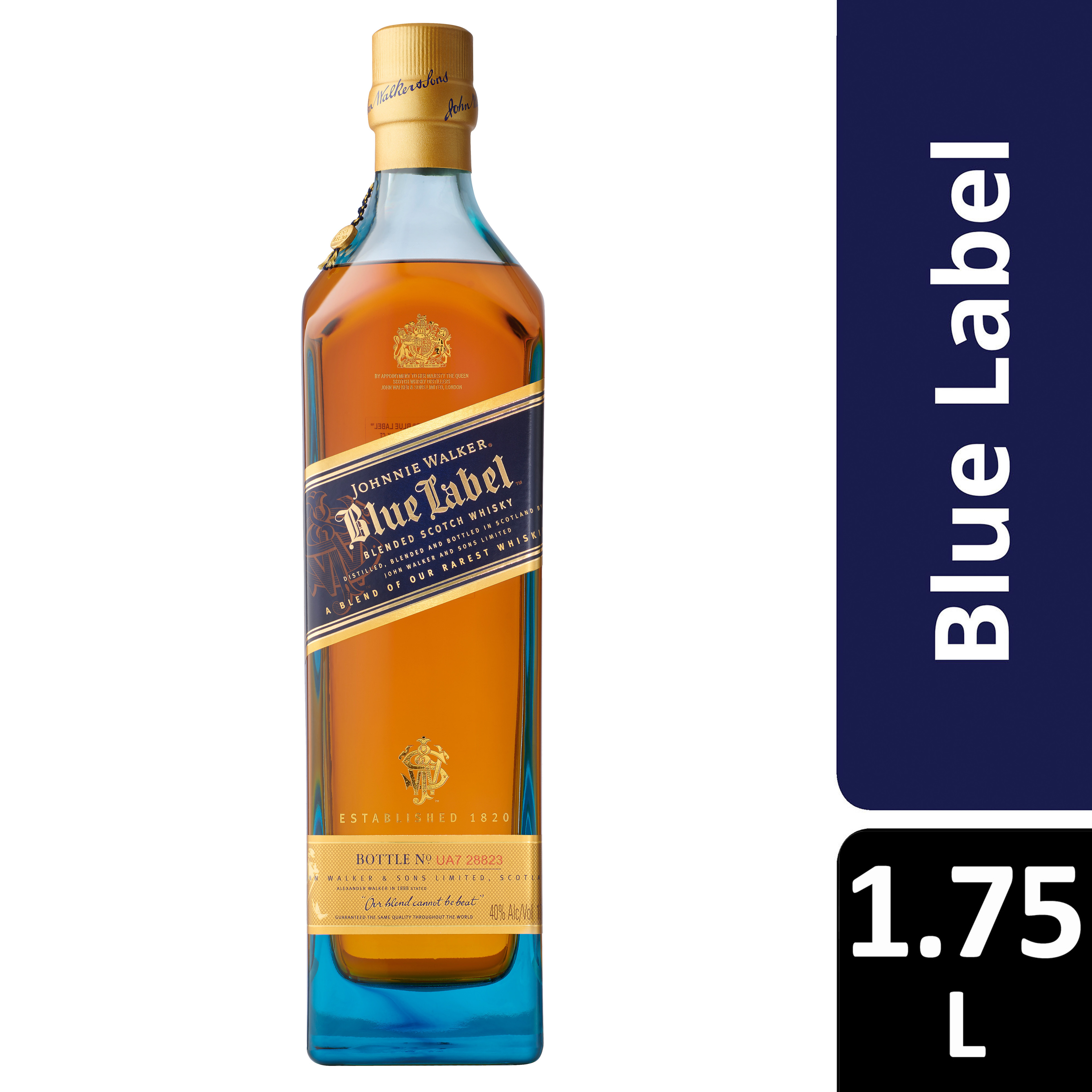 Unlock the ultimate whisky experience with Johnnie Walker Blue Label Blended Scotch Whisky, a velvety smooth and vibrant Scotch crafted using rare hand-selected whiskies from the four corners of Scotland. Only 1 in 10,000 casks from our unparalleled reserves of ageing Scotch â€“  including some from long-closed â€˜ghostâ€™ distilleries â€“ have the remarkable depth of character needed to craft this exceptionally smooth whisky. Every sip of Johnnie Walker Blue Label is a journey through a rich and complex flavor profile. Rolling waves of rich spice lead to a deep surge of vanilla sweetness and honey, with caramel and hazelnut notes coursing through dark chocolate undertones. The luxuriously long, smoky finish completes the experience. For maximum enjoyment of Johnnie Walker Blue Label, it's recommended to prepare your palate with iced water before savoring each sip.
Includes one 80 proof 1.75L bottle of Blue Label Blended Scotch Whisky. Please drink responsibly., One 1.75 L bottle of Johnnie Walker Blue Label Blended Scotch Whisky, Indulge in the ultimate whisky experience with Johnnie Walker Blue Label, Gold winner at the prestigious 2024 San Francisco World Spirits Competition, 80 proof, A gift of remarkable rarity, this Blended Scotch is an extraordinary whisky to discover the depth of flavor found only in the rarest whiskies, Only 1 in 10,000 casks from our unparalleled reserves of ageing Scotch are selected to craft the exclusive depth of flavor that defines Johnnie Walker Blue Label, Johnnie Walker Blue Label is best enjoyed with a sip of iced water to prepare your palate, before savoring each sip of this exceptional whisky, Velvety smooth and vibrant Scotch crafted using rare hand-selected whiskies from across the four corners of Scotland including some from long-closed 'ghost' distilleries, Rolling waves of rich spice lead to a deep surge of vanilla sweetness and honey, while caramel and hazelnuts course through dark chocolate undertones. The luxuriously long, smoky finish leaves a lasting impression