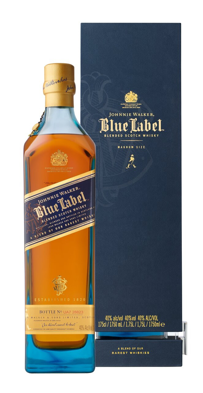 Unlock the ultimate whisky experience with Johnnie Walker Blue Label Blended Scotch Whisky, a velvety smooth and vibrant Scotch crafted using rare hand-selected whiskies from the four corners of Scotland. Only 1 in 10,000 casks from our unparalleled reserves of ageing Scotch â€“  including some from long-closed â€˜ghostâ€™ distilleries â€“ have the remarkable depth of character needed to craft this exceptionally smooth whisky. Every sip of Johnnie Walker Blue Label is a journey through a rich and complex flavor profile. Rolling waves of rich spice lead to a deep surge of vanilla sweetness and honey, with caramel and hazelnut notes coursing through dark chocolate undertones. The luxuriously long, smoky finish completes the experience. For maximum enjoyment of Johnnie Walker Blue Label, it's recommended to prepare your palate with iced water before savoring each sip.
Includes one 80 proof 1.75L bottle of Blue Label Blended Scotch Whisky. Please drink responsibly., One 1.75 L bottle of Johnnie Walker Blue Label Blended Scotch Whisky, Indulge in the ultimate whisky experience with Johnnie Walker Blue Label, Gold winner at the prestigious 2024 San Francisco World Spirits Competition, 80 proof, A gift of remarkable rarity, this Blended Scotch is an extraordinary whisky to discover the depth of flavor found only in the rarest whiskies, Only 1 in 10,000 casks from our unparalleled reserves of ageing Scotch are selected to craft the exclusive depth of flavor that defines Johnnie Walker Blue Label, Johnnie Walker Blue Label is best enjoyed with a sip of iced water to prepare your palate, before savoring each sip of this exceptional whisky, Velvety smooth and vibrant Scotch crafted using rare hand-selected whiskies from across the four corners of Scotland including some from long-closed 'ghost' distilleries, Rolling waves of rich spice lead to a deep surge of vanilla sweetness and honey, while caramel and hazelnuts course through dark chocolate undertones. The luxuriously long, smoky finish leaves a lasting impression