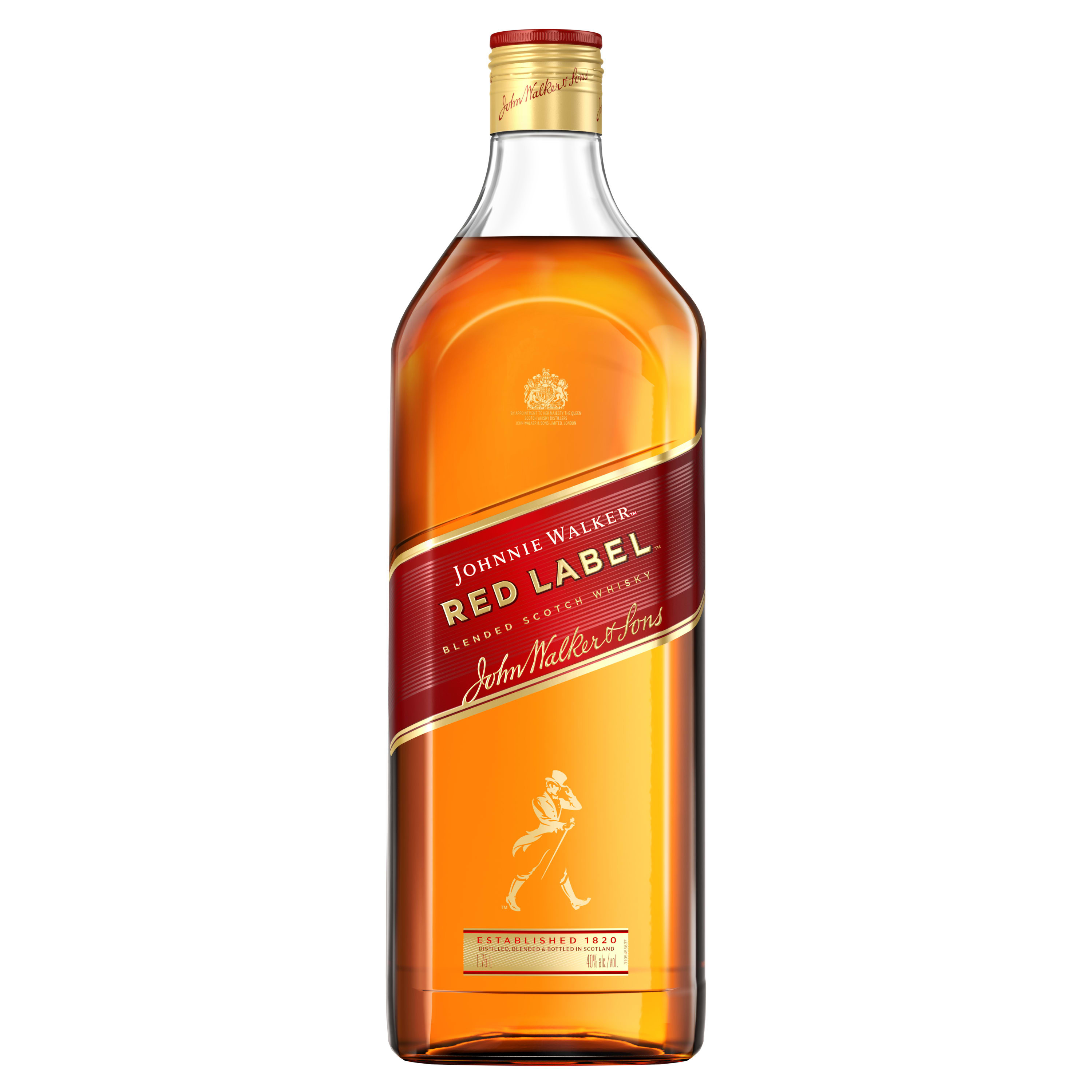 Unveil the bold and vibrant character of Johnnie Walker Red Label Blended Scotch Whisky, one of the world's best-selling Scotch Whiskies. Crafted with up to 35 whiskies, including icons like Cardhu, Caol Ila, Cameronbridge, and Teaninich, it delivers a symphony of flavors. Fresh apple and citrus dance with warming cinnamon and a touch of peppery spice, culminating in a smooth, smoky finish. This award-winning whisky is the perfect choice for those who enjoy whisky cocktails and long mixed drinks. For a Highball, simply fill a tall glass with ice, add your favorite mixer like ginger ale, and experience the smooth, refreshing taste. An ideal gift for any whisky lover and someone who appreciates delicious long mixed drinks. Includes one 80 proof 1.75L bottle of Red Label Blended Scotch Whisky. Please drink responsibly., One 1.75 L bottle of Johnnie Walker Red Label Blended Scotch Whisky, 2022 San Francisco World Spirits Competition Double Gold Medal Winner, 80 Proof, The perfect Blended Scotch Whisky for celebrations, unwinding at home, or a casual get-together with friends, Perfect for mixing a delicious Highball. Simply fill a tall glass with ice, add 1.5oz Johnnie Walker Red Label, top with 5oz Ginger Ale or your favorite mixer, and garnish with lemon., One of the best-selling Scotch whiskies worldwide and a perfect whisky gift for those who appreciate quality and enjoy delicious whisky cocktails, Vibrant fresh apple and citrus, warm cinnamon and peppery spice, with a touch of smoke for a truly iconic taste experience
