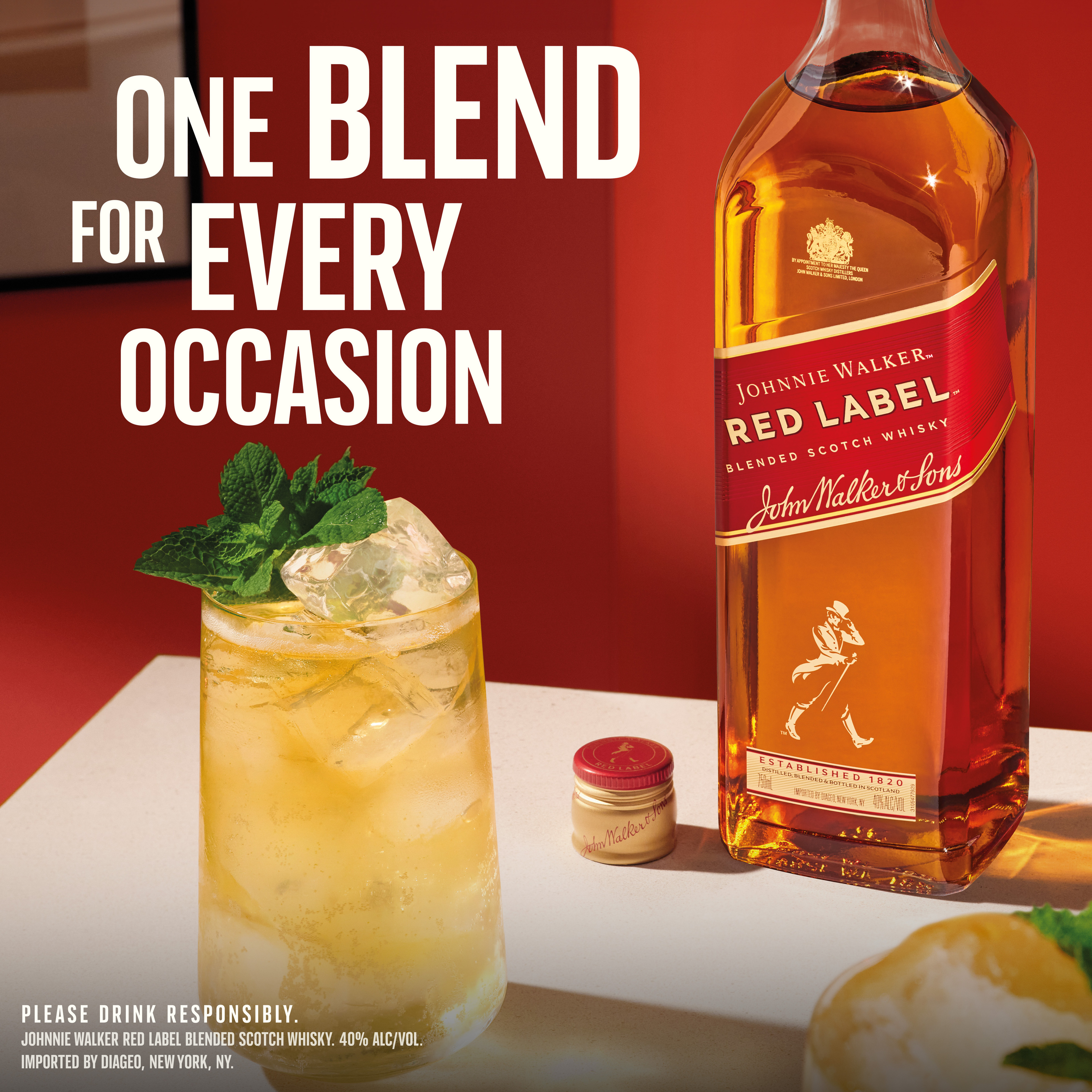 Unveil the bold and vibrant character of Johnnie Walker Red Label Blended Scotch Whisky, one of the world's best-selling Scotch Whiskies. Crafted with up to 35 whiskies, including icons like Cardhu, Caol Ila, Cameronbridge, and Teaninich, it delivers a symphony of flavors. Fresh apple and citrus dance with warming cinnamon and a touch of peppery spice, culminating in a smooth, smoky finish. This award-winning whisky is the perfect choice for those who enjoy whisky cocktails and long mixed drinks. For a Highball, simply fill a tall glass with ice, add your favorite mixer like ginger ale, and experience the smooth, refreshing taste. An ideal gift for any whisky lover and someone who appreciates delicious long mixed drinks. Includes one 80 proof 375 mL bottle of Red Label Blended Scotch Whisky. Please drink responsibly., One 375 mL bottle of Johnnie Walker Red Label Blended Scotch Whisky, 2022 San Francisco World Spirits Competition Double Gold Medal Winner, 80 Proof, The perfect Blended Scotch Whisky for celebrations, unwinding at home, or a casual get-together with friends, Perfect for mixing a delicious Highball. Simply fill a tall glass with ice, add 1.5oz Johnnie Walker Red Label, top with 5oz Ginger Ale or your favorite mixer, and garnish with lemon., One of the best-selling Scotch whiskies worldwide and a perfect whisky gift for those who appreciate quality and enjoy delicious whisky cocktails, Vibrant fresh apple and citrus, warm cinnamon and peppery spice, with a touch of smoke for a truly iconic taste experience