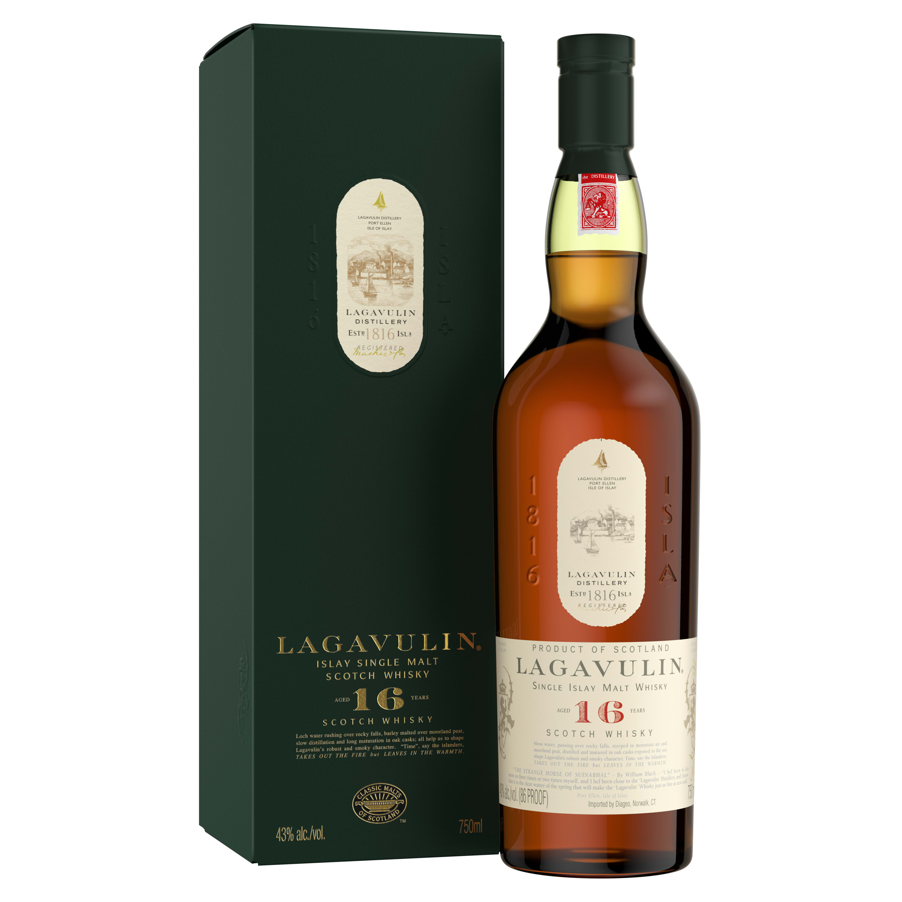 Discover the distinct flavors of the islands of Scotland with a swill of Lagavulin 16 Year Old Islay Single Malt Scotch Whisky. Our 86 proof whisky has the intense, full-bodied flavor reminiscent of a driftwood fire at dusk. The taste of dry peat smoke with strong maritime notes results in a complex dram that is complemented by a long, elegant finish. Distilled in Lagavulin, Scotland on the coast of Islay, centuries of local distilling excellence are what make our malts so unique. Our aging process in oak casks gives our whisky the extraordinary and classic smoky flavor that demands to be served in a traditional whisky glass, neat or with a little water. Includes one 86 proof 750 mL bottle of Lagavulin 16 Year Old Islay Single Malt Scotch Whisky. Please drink responsibly., One 750 mL bottle of Lagavulin 16 Year Old Islay Single Malt Scotch Whisky, Awarded a Double Gold Medal in 2023 and a Platinum Medal in 2024 at the San Francisco World Spirits Competition, Perfect as a gift or for celebrating anniversaries, birthdays, graduations or any special occasion, Distilled in Lagavulin, Scotland on the coast of Islay with expert craftsmanship and patience, Aged for at least sixteen years in oak casks for extraordinary flavor, Intense, full-bodied flavor of dry peat smoke with maritime notes