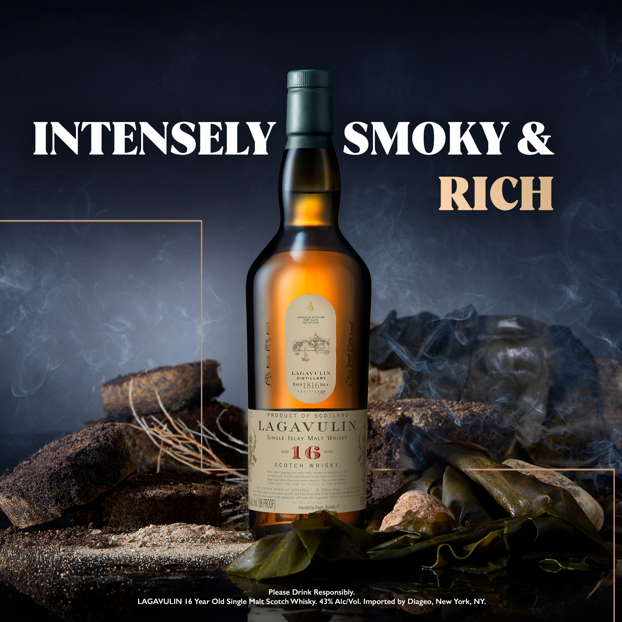 Discover the distinct flavors of the islands of Scotland with a swill of Lagavulin 16 Year Old Islay Single Malt Scotch Whisky. Our 86 proof whisky has the intense, full-bodied flavor reminiscent of a driftwood fire at dusk. The taste of dry peat smoke with strong maritime notes results in a complex dram that is complemented by a long, elegant finish. Distilled in Lagavulin, Scotland on the coast of Islay, centuries of local distilling excellence are what make our malts so unique. Our aging process in oak casks gives our whisky the extraordinary and classic smoky flavor that demands to be served in a traditional whisky glass, neat or with a little water. Includes one 86 proof 750 mL bottle of Lagavulin 16 Year Old Islay Single Malt Scotch Whisky. Please drink responsibly., One 750 mL bottle of Lagavulin 16 Year Old Islay Single Malt Scotch Whisky, Awarded a Double Gold Medal in 2023 and a Platinum Medal in 2024 at the San Francisco World Spirits Competition, Perfect as a gift or for celebrating anniversaries, birthdays, graduations or any special occasion, Distilled in Lagavulin, Scotland on the coast of Islay with expert craftsmanship and patience, Aged for at least sixteen years in oak casks for extraordinary flavor, Intense, full-bodied flavor of dry peat smoke with maritime notes