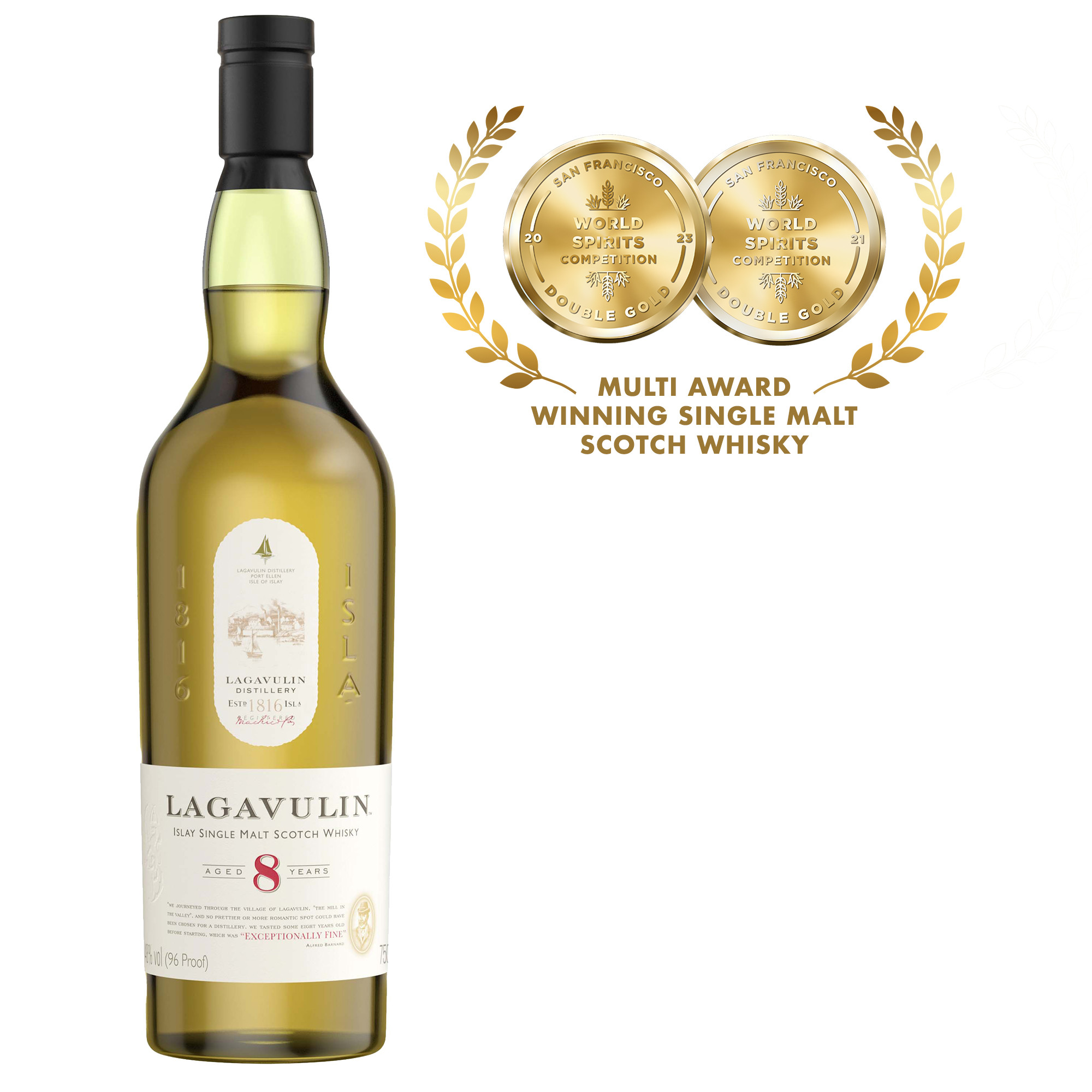 Discover the distinct flavors of the islands of Scotland with a swill of Lagavulin 8 Year Old Islay Single Malt Scotch Whisky. Our limited edition 96 proof whisky has the intense, full-bodied flavor of charred, minty dark chocolate. The lingering tastes flow into a clean, long finish. Distilled in Lagavulin, Scotland on the coast of Islay, centuries of local distilling tradition are what make our malts so unique. Our aging process in oak casks gives our whisky the extraordinary and classic smoky flavor that demand to be served in a whisky nosing glass, neat or with a little water. Includes one 96 proof 750 mL bottle of Lagavulin 8 Year Old Islay Single Malt Scotch Whisky. Please drink responsibly., One 750 mL bottle of Lagavulin 8 Year Old Islay Single Malt Scotch Whisky, Awarded a Double Gold Medal in 2023 and 2021 at the San Francisco World Spirits Competition, Perfect as a gift or for any celebration, Distilled in Lagavulin, Scotland on the coast of Islay with expert craftsmanship and patience, Aged for extraordinary and classic flavor, Intense, full-bodied flavor of charred, minty dark chocolate