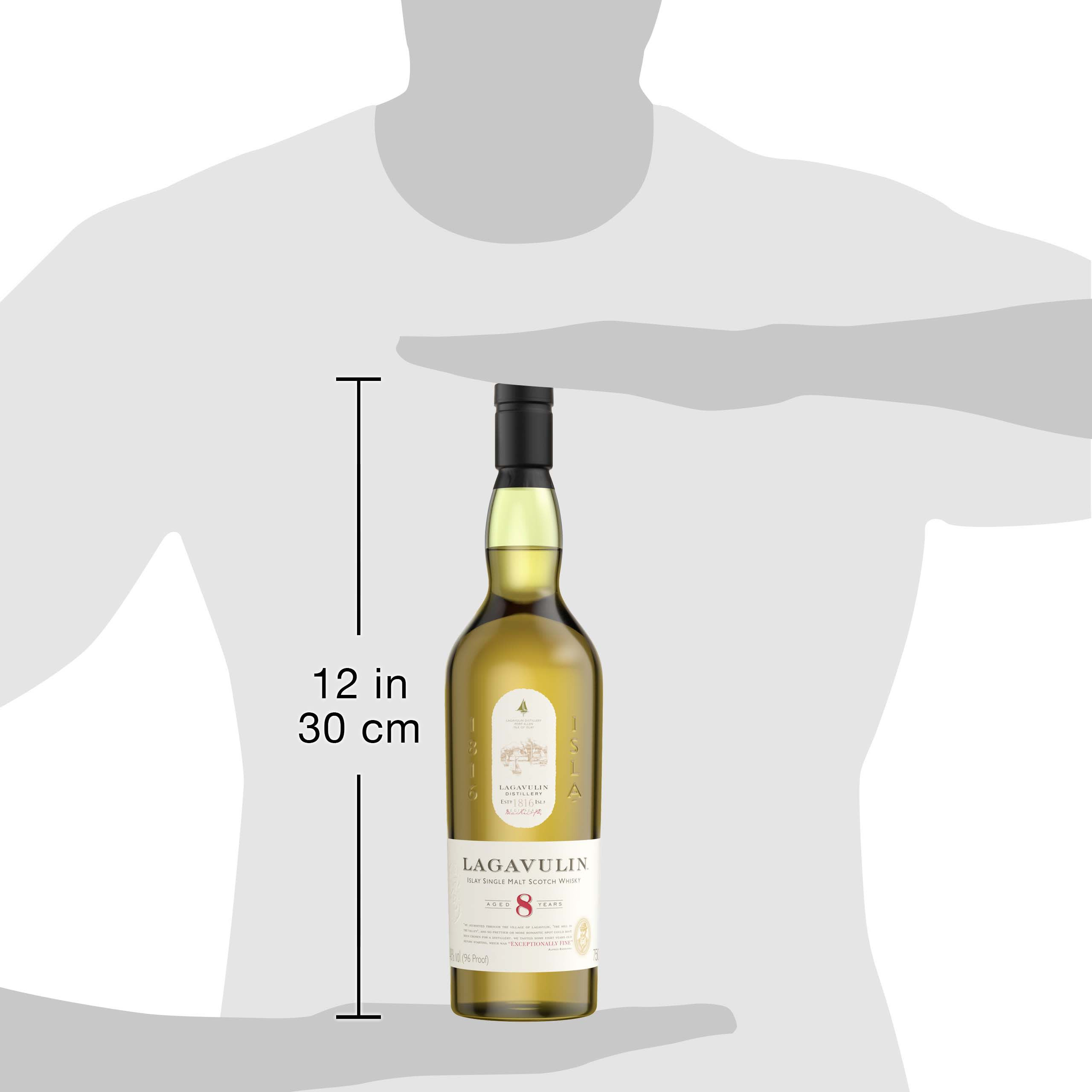 Discover the distinct flavors of the islands of Scotland with a swill of Lagavulin 8 Year Old Islay Single Malt Scotch Whisky. Our limited edition 96 proof whisky has the intense, full-bodied flavor of charred, minty dark chocolate. The lingering tastes flow into a clean, long finish. Distilled in Lagavulin, Scotland on the coast of Islay, centuries of local distilling tradition are what make our malts so unique. Our aging process in oak casks gives our whisky the extraordinary and classic smoky flavor that demand to be served in a whisky nosing glass, neat or with a little water. Includes one 96 proof 750 mL bottle of Lagavulin 8 Year Old Islay Single Malt Scotch Whisky. Please drink responsibly., One 750 mL bottle of Lagavulin 8 Year Old Islay Single Malt Scotch Whisky, Awarded a Double Gold Medal in 2023 and 2021 at the San Francisco World Spirits Competition, Perfect as a gift or for any celebration, Distilled in Lagavulin, Scotland on the coast of Islay with expert craftsmanship and patience, Aged for extraordinary and classic flavor, Intense, full-bodied flavor of charred, minty dark chocolate