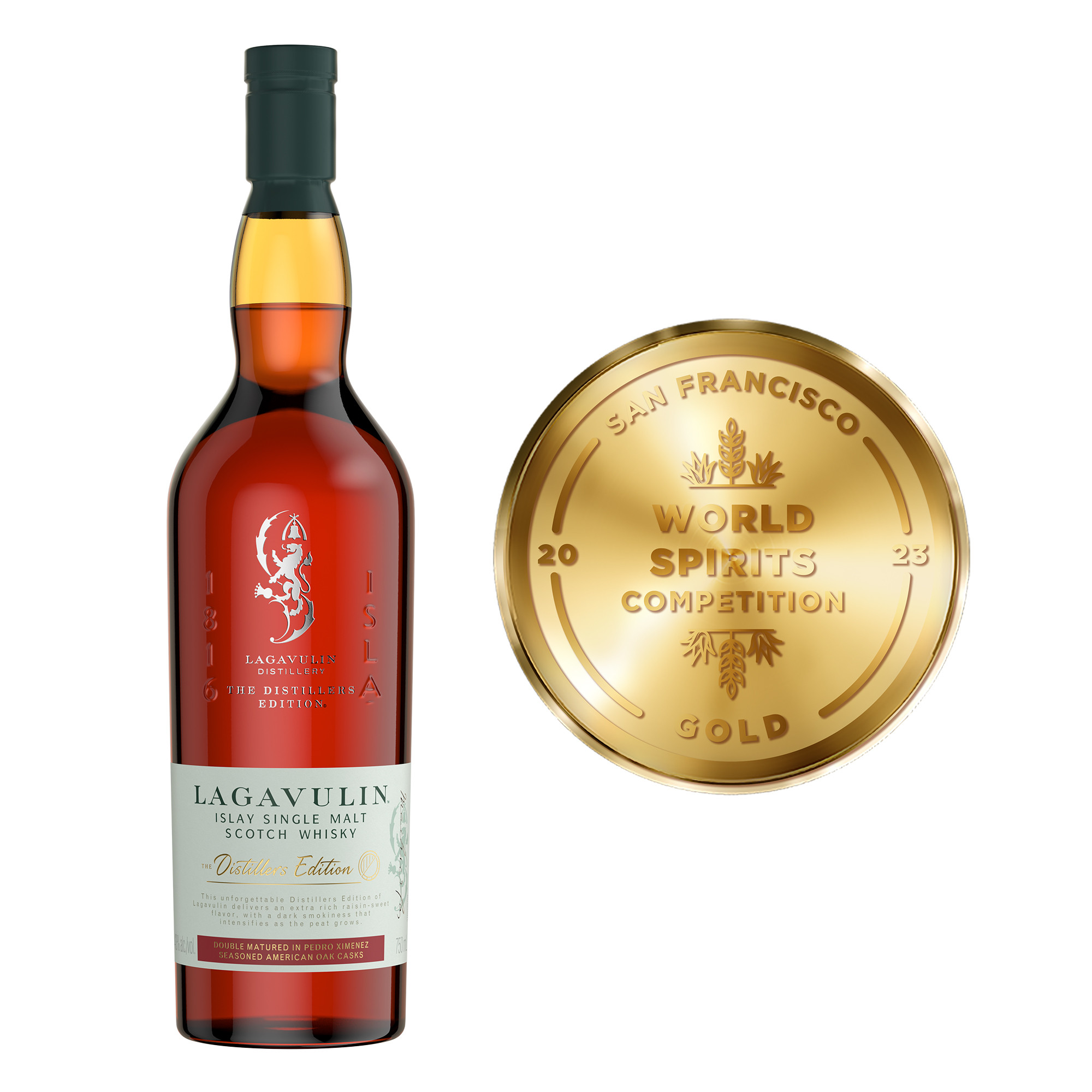 Discover the distinct flavors of the islands of Scotland with a glass of Lagavulin Distiller's Edition Islay Single Malt Scotch Whisky. First matured in American Oak & European Oak casks and finished in Pedro Ximenez-seasoned re-charred American Oak casks with heavily re-charred new AO ends, this is a sweet and mellow Lagavulin. Our 86 proof whisky is full bodied and sweet-spicy to start, then delivers a fruity, raisin-sweet smokiness that intensifies as the peat enters. Notes of espresso coffee grounds follow with a long, smoky-spicy finish, even by Islay standards. Best served neat or on the rocks. Includes one 86 proof 750 mL bottle of Lagavulin Distiller's Edition Islay Single Malt Scotch Whisky. Please drink responsibly., Includes one 750 mL bottle of Lagavulin Distiller's Edition Single Malt Scotch Whisky, Awarded a Gold Medal in 2023 at the San Francisco World Spirits Competition, 86 Proof, Perfect as a gift or for any celebration, Sweet-spicy notes with a fruity raisin-sweet smokiness, notes of salt and espresso coffee grounds, Double-matured in Pedro Ximenez-seasoned re-charred American Oak casks