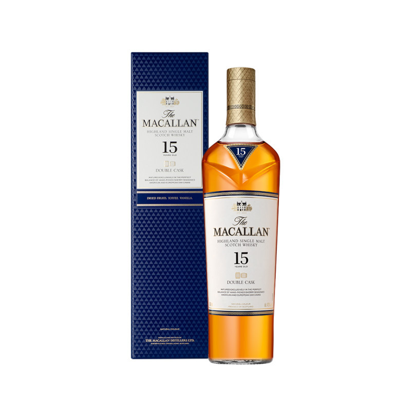 The first Double Cask 15 Year Old ever released. Aged for a minimum of 15 years, matured exclusively in handpicked sherry seasoned European and American Oak Casks. 

Naturally derived color from only The Macallan's exceptional oak casks. 

The perfect balance of classic Macallan single malt style with the sweet interlude of American Oak.
