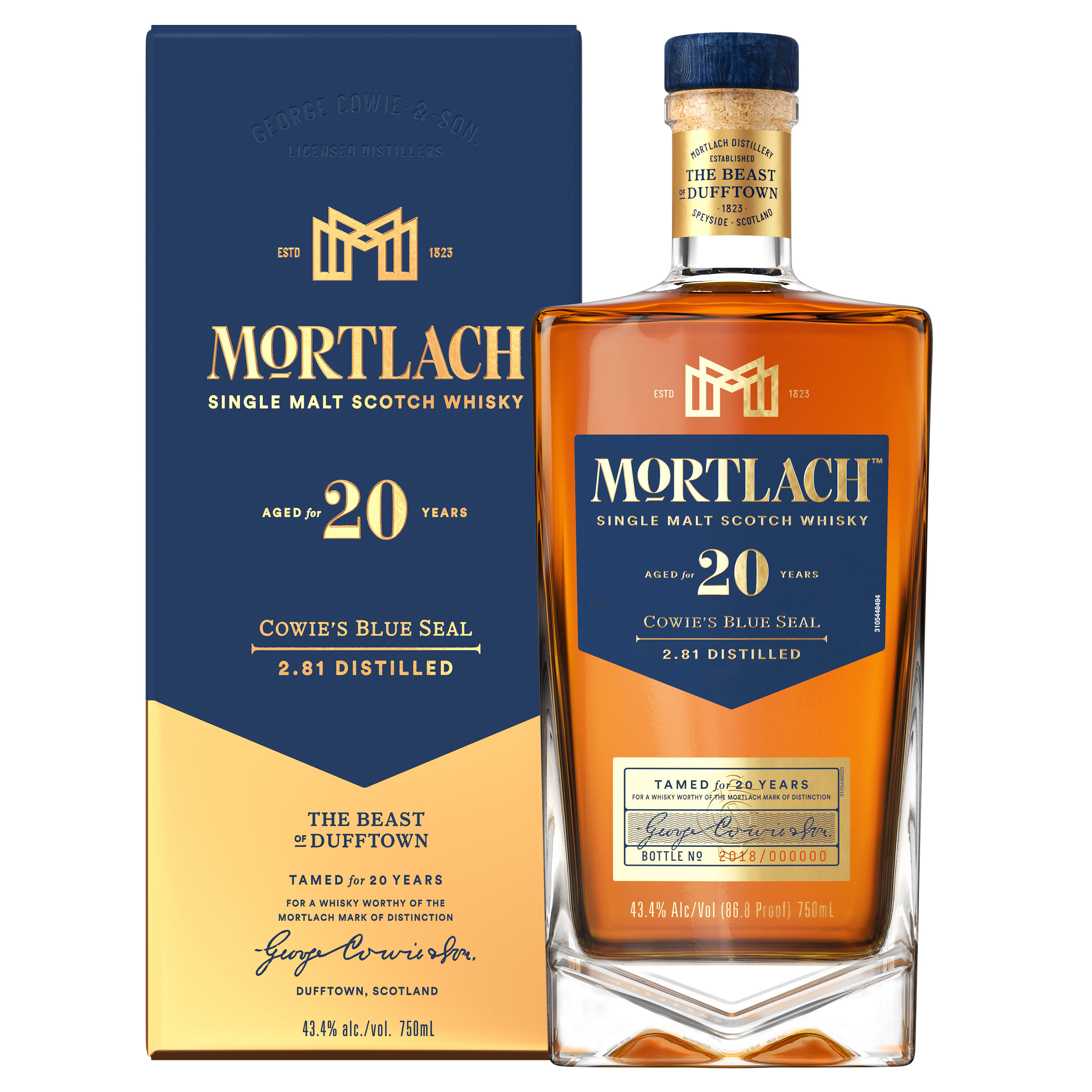 Originally used as the symbol of Alexander Cowie's rare and special aged private stock release in 1909, we've resurrected the "Blue Seal" to mark our Mortlach 20 Year Old Single Malt Scotch Whisky. This rich and beautiful single malt whisky has been matured in a combination of Refill Casks and ex-Sherry casks to tame "The Beast of Dufftown" into smooth submission and mellow complexity. Our "Cowie's Blue Seal" whisky presents dried fruit and cedar aromas with hints of wood spice and crackling barbecue pork that are complemented by notes of jam and cocoa nibs. Chosen from barrels deemed to be of exceptional quality from the Mortlach reserves, this award-winning whisky is best served neat to allow the flavor and complexity to shine through. Includes one 86.8 proof 750 mL bottle of 20 Year Old Single Malt Scotch Whisky. Please drink responsibly., One 750 mL bottle of Mortlach 20 Year Old Single Malt Scotch Whisky, Awarded a Gold Medal in 2023 and 2024 at the San Francisco World Spirits Competition, Perfect as a gift or for celebrating anniversaries, birthdays, graduations or any special occasion, Marked by the symbol of utmost qualityâ€“the "Blue Seal", Matured in a combination of Refill Casks and ex-Sherry casks, Hints of wood spice, barbecue pork and jam