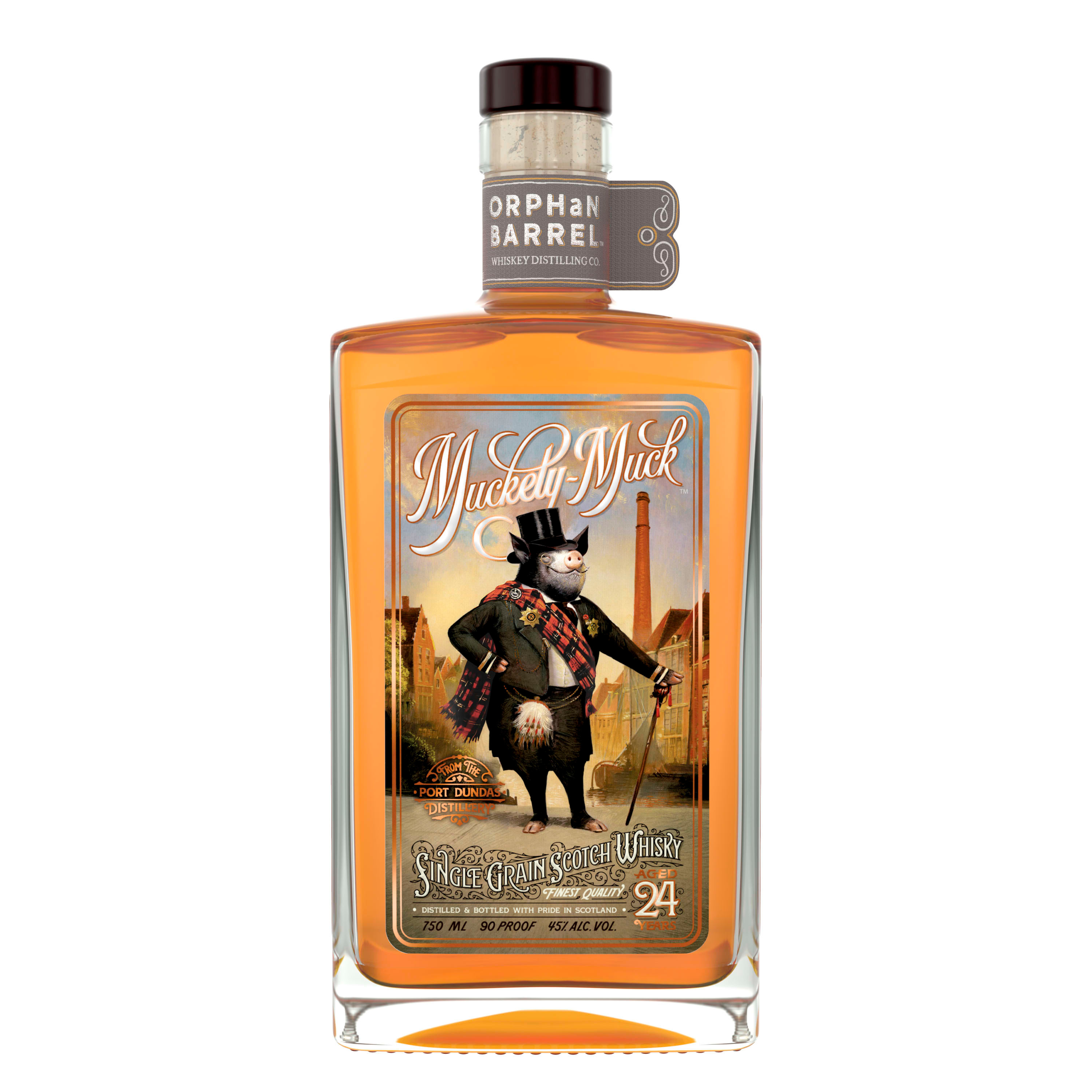 Standing tall as Orphan Barrel Whiskey Co.'s first single grain Scotch, Muckety-Muck 24 Year Old Single Grain Scotch Whisky boasts fresh, indulgent flavors. Enriched by 24 years of aging, this rare single grain Scotch from the Port Dundas Distillery owns a bursting aroma of caramel and baked sugar backed by the taste of crisp fruit and light toasted oak. The fruit forward flavor blends with hints of butterscotch vanilla which carry through to the finish. Distilled and bottled with pride in Scotland, this whisky is best enjoyed straight, either neat or on the rocks. Includes one 90 proof 750 mL bottle of Orphan Barrel Muckety-Muck 24 Year Old Single Grain Scotch Whisky. Please drink responsibly., One 750 mL bottle of Orphan Barrel Muckety-Muck 24 Year Old Single Grain Scotch Whisky, 90 proof, Aroma of caramel with notes of baked sugar, Aged for 24 years, Fruit forward flavor with hints of toasted oak and butterscotch vanilla