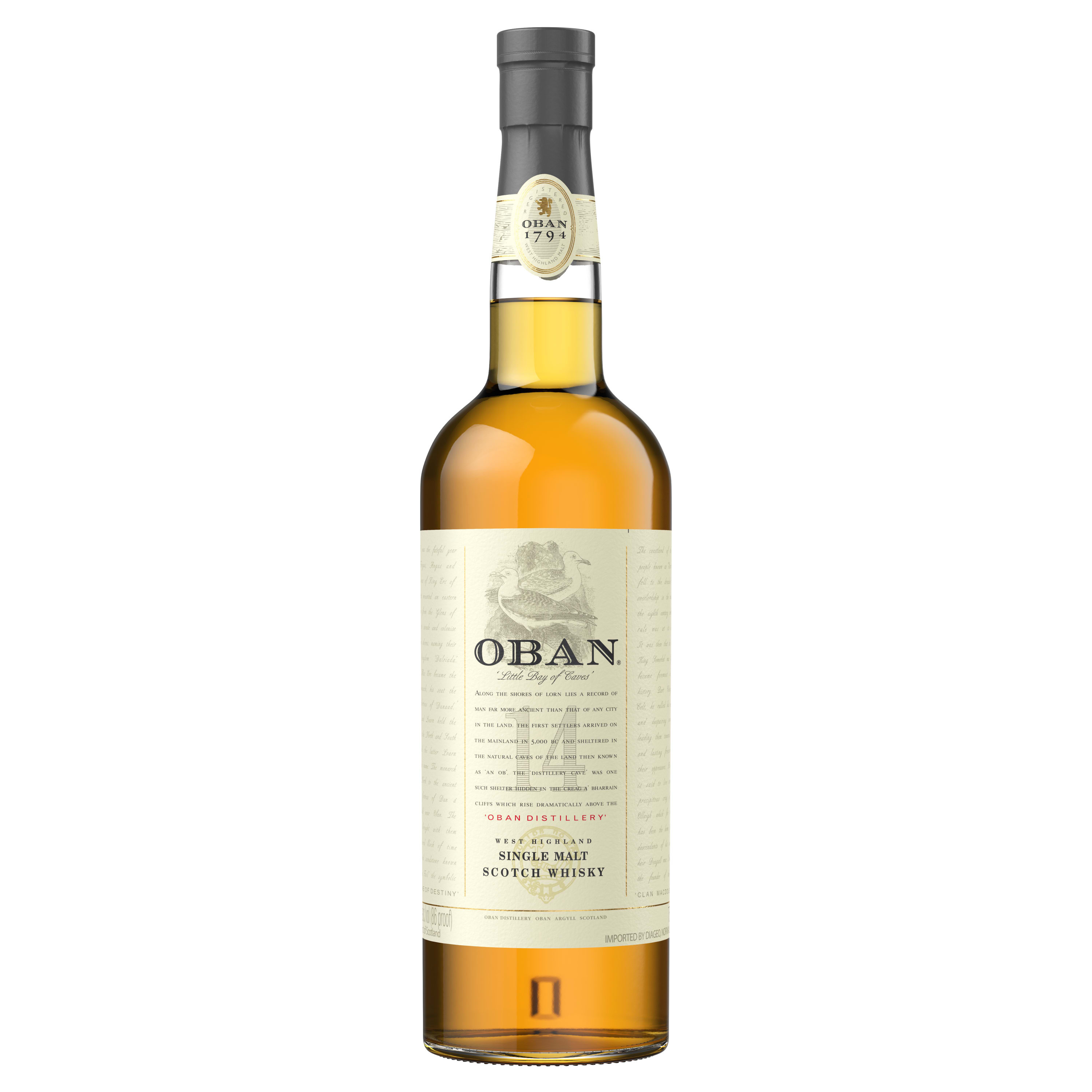 Discover the distinct flavors of the islands of Scotland with Oban 14 Year Old Single Malt Scotch Whisky. Our 86 proof whisky holds a delicate balance with notes of dried figs and honey-sweet spices followed by a long, smooth-sweet finish of oak wood and a hint of salt air. The best of the Highlands and coastal influences, and centuries of local distilling tradition are what make our award-winning whisky so exquisite. Oban 14 Year Old Single Malt Scotch Whisky earned a Double Gold medal at the 2022 San Francisco World Spirits Competition. This single malt whisky is best served neat in a tumbler, perhaps with a splash of cool spring water. Includes one 86 proof 750 mL bottle of Oban 14 Year Old Single Malt Scotch Whisky. Please drink responsibly.Â , One 750 mL bottle of Oban 14 Year Old Single Malt Scotch Whisky, Awarded a Double Gold Medal in 2022 and a Gold Medal in 2024 at the San Francisco World Spirits Competition., 86 Proof, Perfect as a gift or for any celebration, Crafted using centuries of West Highland distilling tradition, A delicate balance with notes of dried figs and honey-sweet spices with a long, smooth-sweet finish of oak wood and salt air