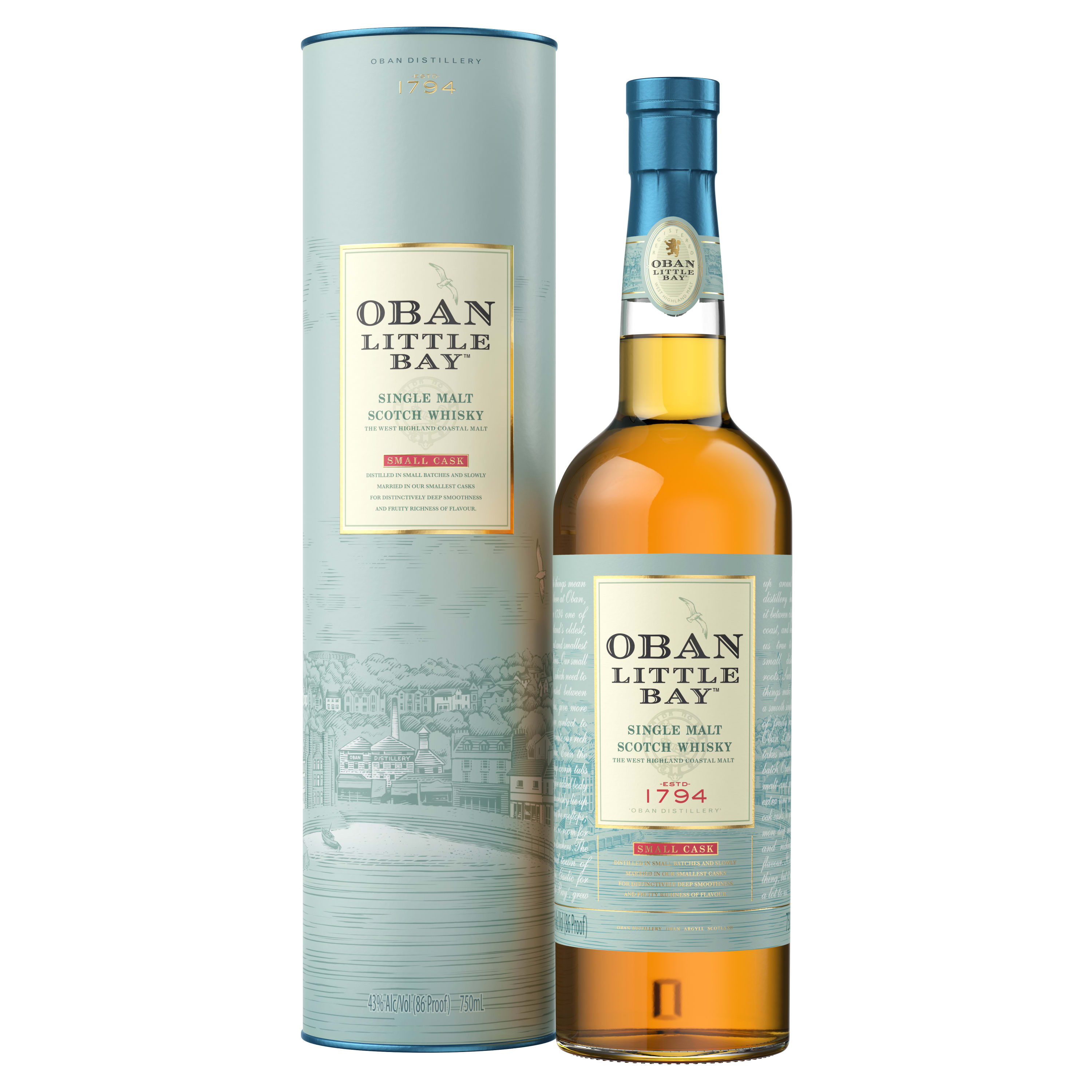 Discover the distinct flavors of the islands of Scotland with Oban Little Bay Single Malt Scotch Whisky. Our 86 proof whisky holds orange zest and clove flavors with subtle notes of crisp green apple. Its intricate balance of flavors creates a long, rich finish with smooth traces of dark chocolate. The best of the Highlands and coastal influences, and centuries of local distilling tradition are what make our award-winning whisky so exquisite. Oban Little Bay Single Malt Scotch Whisky earned a Double Gold medal at the 2021 San Francisco World Spirits Competition. Best served neat in a tumbler, perhaps with a splash of cool spring water. Includes one 86 proof 750 mL bottle of Oban Little Bay Single Malt Scotch Whisky. Please drink responsibly., Includes one 750 mL bottle of Oban Little Bay Single Malt Scotch Whisky, Awarded a Double Gold medal at the 2021 San Francisco World Spirits Competition, 86 Proof, Perfect as a gift or for any celebration, Crafted using centuries of West Highland distilling tradition, Holds orange zest and clove flavors with subtle notes of crisp green apple followed by long, rich finish with dark chocolate notes