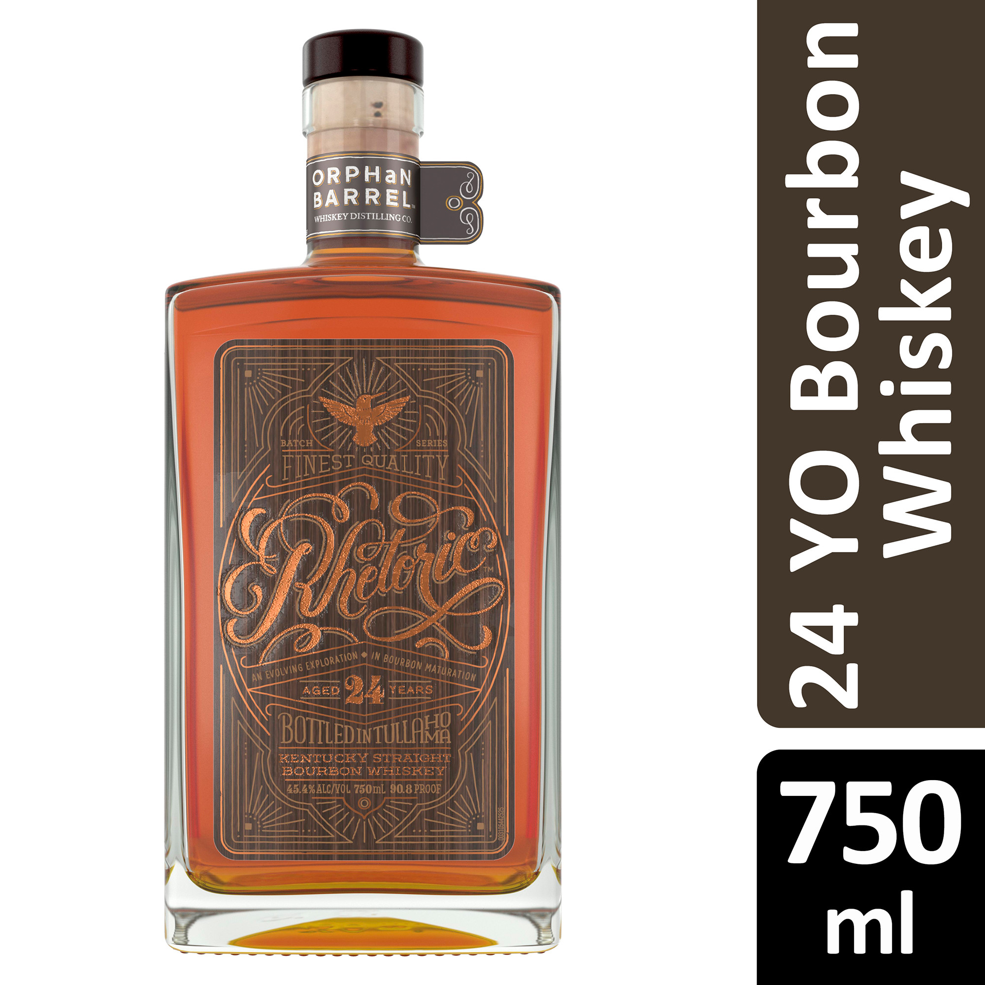 Proper, eloquent and poetic, the exclusive Orphan Barrel Rhetoric 24 Year Old Kentucky Straight Bourbon Whiskey is the 10th release from the Orphan Barrel Whiskey Distilling Company. A beautiful whiskey aged for at least 24 years, each sip begins with the flavors of orchard fruit with a hint of allspice, which gives way to a warming, caramel and nutmeg finish. This 90.8 proof bourbon whiskey is for those who dream of walking through rickhouses to pick the choicest barrels, the ones tucked away and left sleeping and aging to perfection. Lovingly bottled by hand in Tullahoma, Tennessee, it is best served straight, either neat or on the rocks. Includes one 90.8 proof 750 mL bottle of Orphan Barrel Rhetoric 24 Year Old Kentucky Straight Bourbon Whiskey. Please drink responsibly., One 750 mL bottle of Orphan Barrel Rhetoric 24 Year Old Kentucky Straight Bourbon Whiskey, Bottled by hand in Tullahoma, Tennessee, Aged for at least 24 years, Perfect addition to your whiskey collection, Features orchard fruit and allspice flavors with a warming, caramel and nutmeg finish