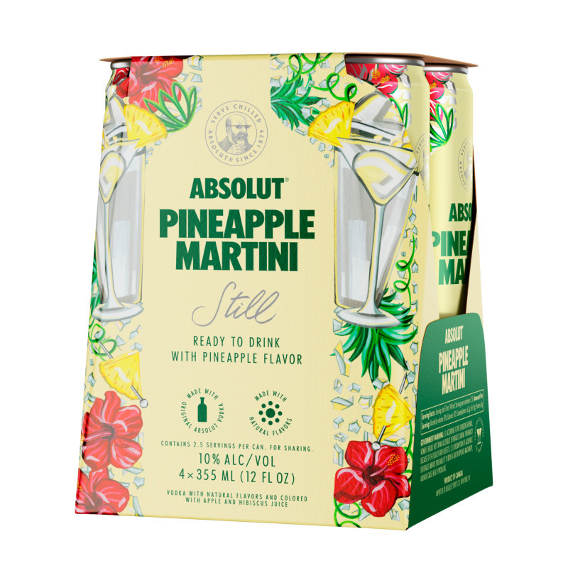 Absolut Pineapple Martini canned cocktails are an exciting variation of the Absolut Vodka Ready to Drink Cocktails line. This fruity and luscious flavored vodka cocktail has a refreshing taste of tropical pineapple and fresh mint that is perfect when you want to enjoy summer cocktails that are ready to drink. These pineapple-flavored mixed drinks offer a sweet twist on the Absolut Vodka original liquor line with a fizzy touch that adds to the experience. Crafted with local and quality ingredients, this canned cocktail drink includes Absolut Vodka, all-natural flavors, and real fruit juice. Enjoy the alcohol beverages on the rocks in a cocktail glass with a lemon wedge or enjoy chilled straight from the can. As one of the most famous vodkas in the world, Absolut continues to be a staple for your everyday get togethers and special moments with friends and family. Enjoy and Drink Responsibly.