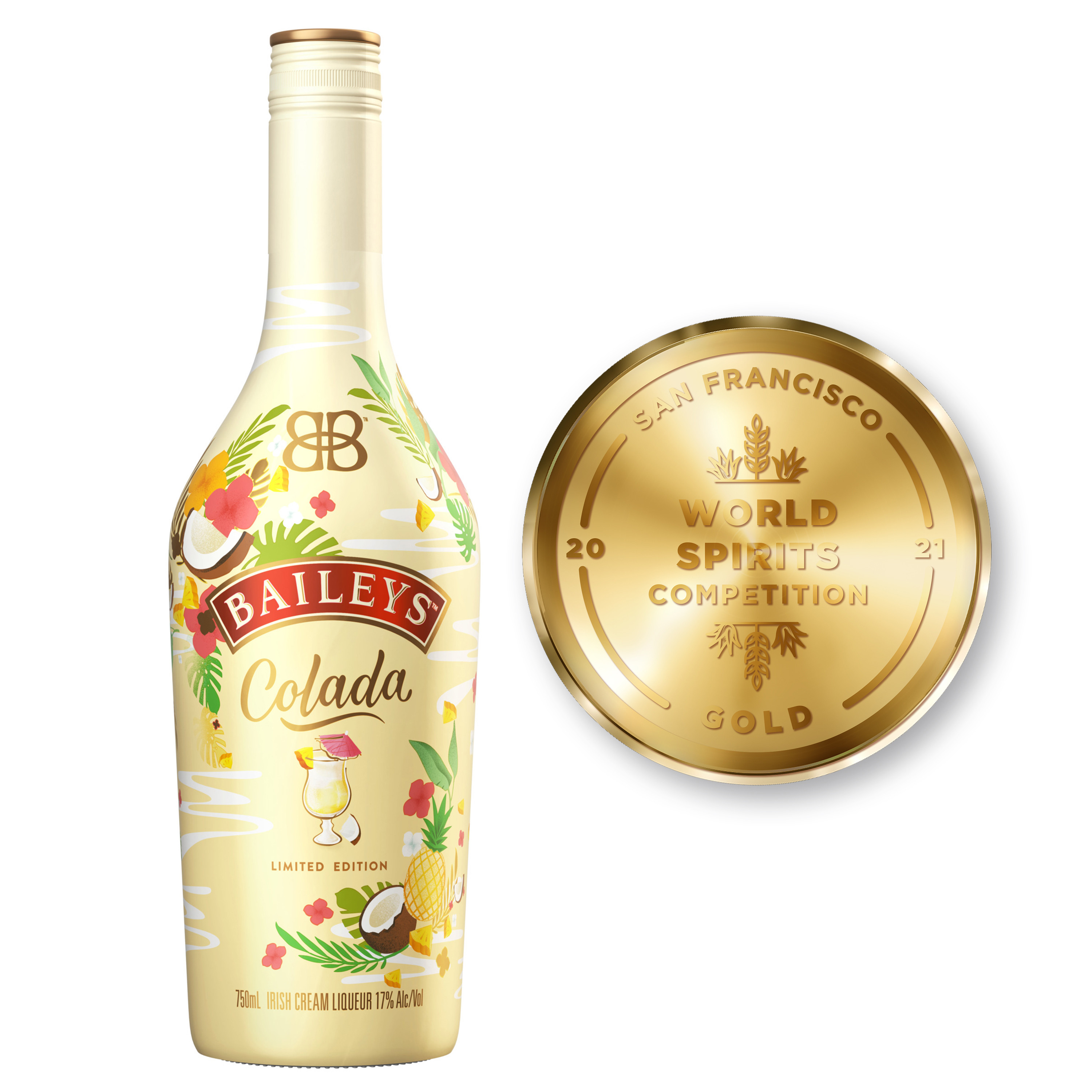 Soak up the bliss of sunshine in a bottle with Baileys Colada Irish Cream Liqueur, a unique twist on a favorite tropical treat. Made with our irresistible Irish Cream and notes of tropical fruit, our 34 proof Limited Edition liqueur blends the flavors of sweet, creamy coconut with notes of juicy, ripe pineapple. For a delicious summertime cocktail, simply enjoy Baileys Colada Irish Cream Liqueur blended with ice or served over crushed ice. Baileys Colada earned a gold medal at the 2021 San Francisco World Spirits Competition. Includes one 34 proof 750 mL bottle of Baileys Colada Irish Cream Liqueur. Please drink responsibly., One 750 mL bottle of Baileys Colada Irish Cream Liqueur, 2021 San Francisco World Spirits Competition Gold Medal Winner, A delicious, limited edition summertime treat, Perfect in a smoothie, or enjoyed with whipped cream to sweeten a shot, Combines our Irish Cream with notes of tropical fruits, Smooth flavors of creamy coconut and sweet, juicy pineapple