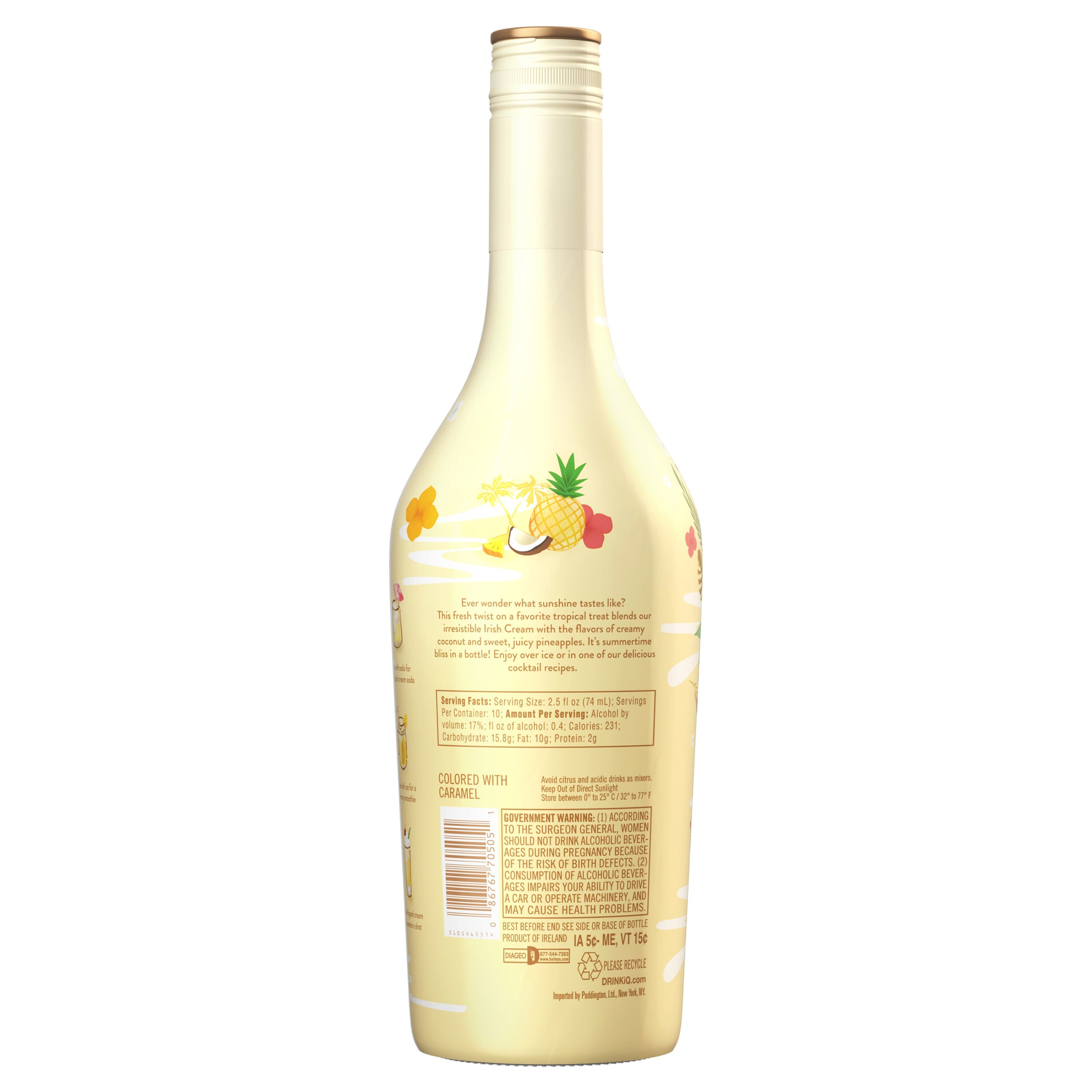 Soak up the bliss of sunshine in a bottle with Baileys Colada Irish Cream Liqueur, a unique twist on a favorite tropical treat. Made with our irresistible Irish Cream and notes of tropical fruit, our 34 proof Limited Edition liqueur blends the flavors of sweet, creamy coconut with notes of juicy, ripe pineapple. For a delicious summertime cocktail, simply enjoy Baileys Colada Irish Cream Liqueur blended with ice or served over crushed ice. Baileys Colada earned a gold medal at the 2021 San Francisco World Spirits Competition. Includes one 34 proof 750 mL bottle of Baileys Colada Irish Cream Liqueur. Please drink responsibly., One 750 mL bottle of Baileys Colada Irish Cream Liqueur, 2021 San Francisco World Spirits Competition Gold Medal Winner, A delicious, limited edition summertime treat, Perfect in a smoothie, or enjoyed with whipped cream to sweeten a shot, Combines our Irish Cream with notes of tropical fruits, Smooth flavors of creamy coconut and sweet, juicy pineapple