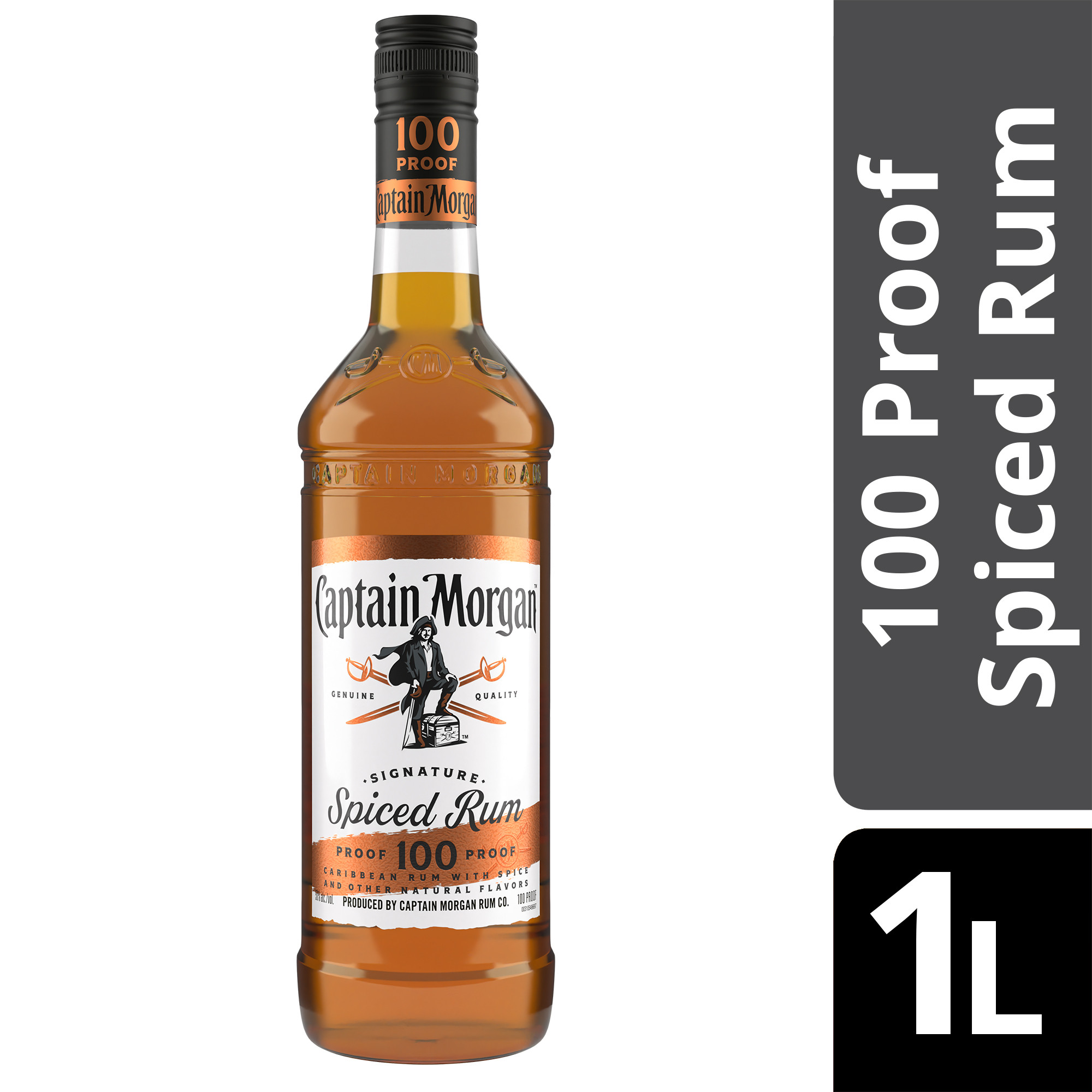 Spice it up with Captain Morgan 100 Proof Spiced Rum. This blend of Caribbean rums is crafted with spice to bring out the intensity of the liquid with a noticeable smoothness and mellow taste. Our 100 Proof Captain Morgan Spiced Rum can be sipped neat, on the rocks or with your favorite mixed drink. Perfect for a long island iced tea cocktail. Includes one 1 L bottle of Captain Morgan 100 Proof Spiced Rum. Drink responsibly, Captainâ€™s Orders!, One 1 L bottle of Captain Morgan 100 Proof Spiced Rum, 100 proof, Perfect for adding a delicious kick to your favorite mixed drinks, Brings the spirit of adventure to any party, Blend of Caribbean rums and spice, Strong, bold flavor