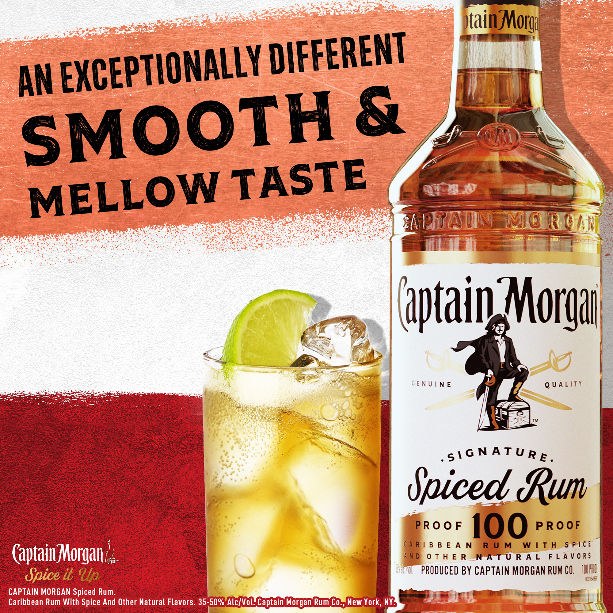 Spice it up with Captain Morgan 100 Proof Spiced Rum. This blend of Caribbean rums is crafted with spice to bring out the intensity of the liquid with a noticeable smoothness and mellow taste. Our 100 Proof Captain Morgan Spiced Rum can be sipped neat, on the rocks or with your favorite mixed drink. Perfect for a long island iced tea cocktail. Includes one 1 L bottle of Captain Morgan 100 Proof Spiced Rum. Drink responsibly, Captainâ€™s Orders!, One 1 L bottle of Captain Morgan 100 Proof Spiced Rum, 100 proof, Perfect for adding a delicious kick to your favorite mixed drinks, Brings the spirit of adventure to any party, Blend of Caribbean rums and spice, Strong, bold flavor