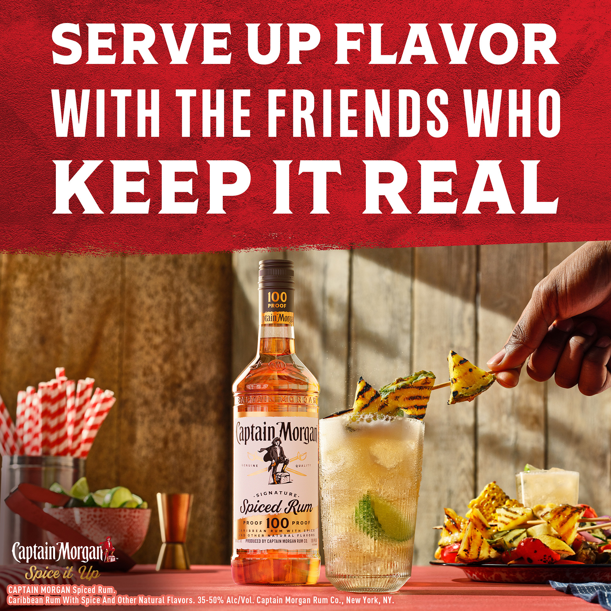 Spice it up with Captain Morgan 100 Proof Spiced Rum. This blend of Caribbean rums is crafted with spice to bring out the intensity of the liquid with a noticeable smoothness and mellow taste. Our 100 Proof Captain Morgan Spiced Rum can be sipped neat, on the rocks or with your favorite mixed drink. Perfect for a long island iced tea cocktail. Includes one 1 L bottle of Captain Morgan 100 Proof Spiced Rum. Drink responsibly, Captainâ€™s Orders!, One 1 L bottle of Captain Morgan 100 Proof Spiced Rum, 100 proof, Perfect for adding a delicious kick to your favorite mixed drinks, Brings the spirit of adventure to any party, Blend of Caribbean rums and spice, Strong, bold flavor