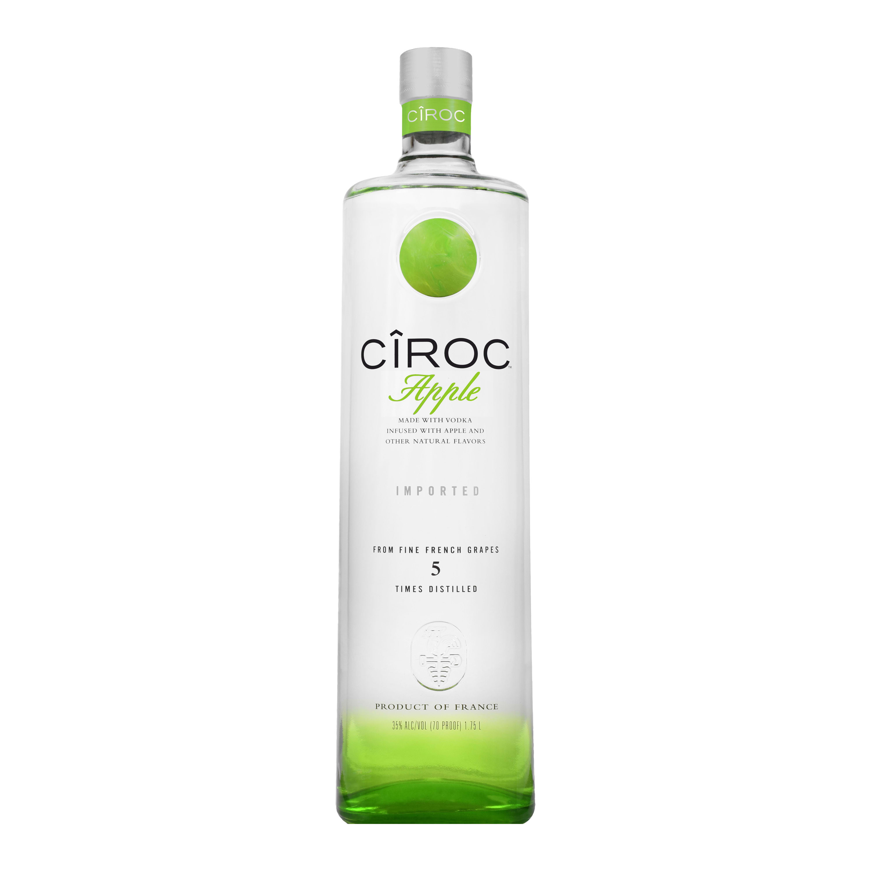CIROC Apple is a rich tasting, award-winning spirit made with vodka distilled five times from fine French grapes, finished in a tailor-made copper pot still in Southern France. This spirit is masterfully infused with a distinctive blend of green apple and other natural flavors, resulting in a taste experience that is lusciously different and elegantly smooth. Perfect for a CIROC Apple & Cranberry Cocktail. Includes one 70 proof 1.75 L bottle of CIROC Apple. Please drink responsibly., One 1.75 L bottle of CIROC Apple, Perfect as a gift or for any celebration, Gluten-free, Masterfully infused with green apple and other natural flavors, Made with vodka distilled five times from fine French grapes, Finished in a tailor-made copper pot still in Southern France