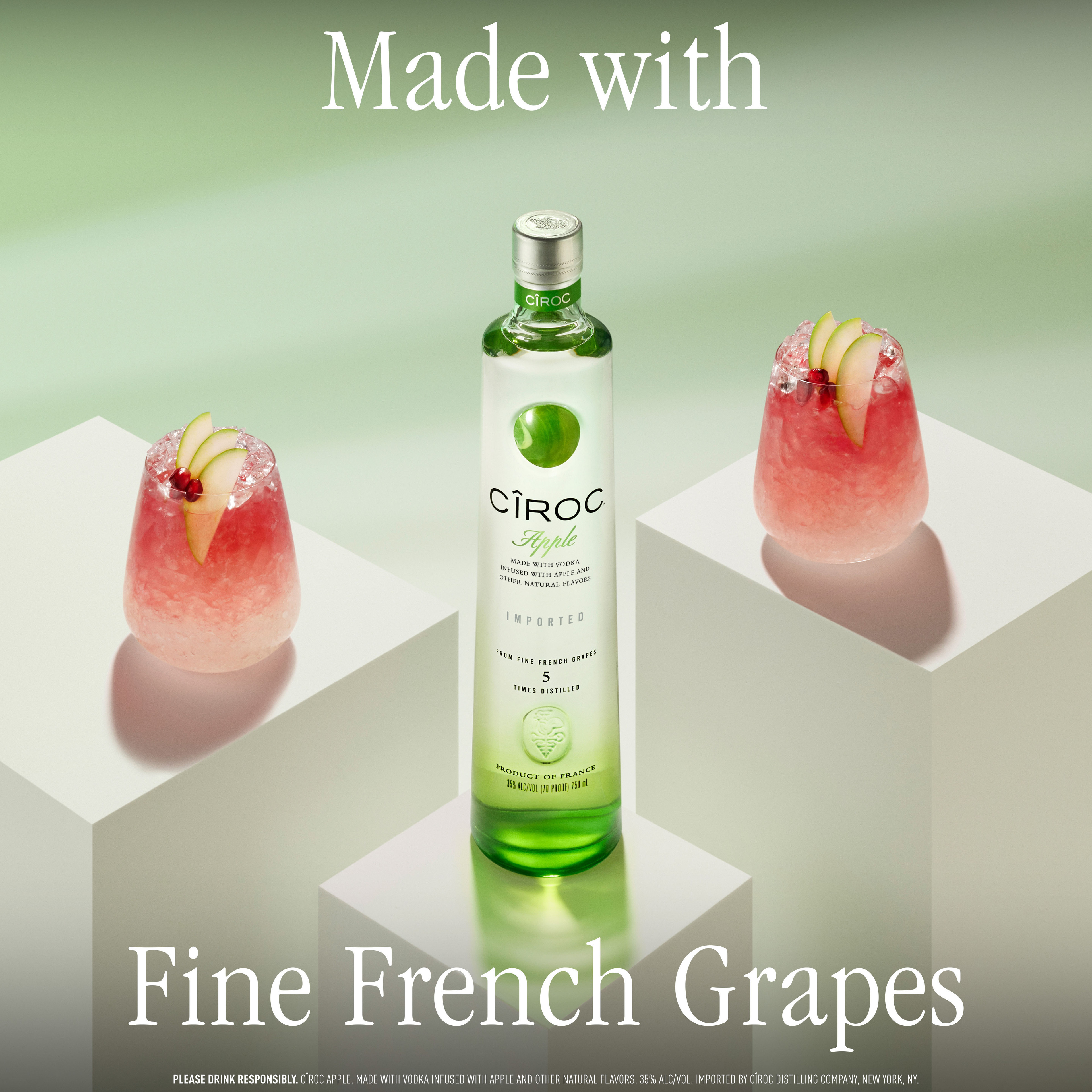 CIROC Apple is a rich tasting, award-winning spirit made with vodka distilled five times from fine French grapes, finished in a tailor-made copper pot still in Southern France. This spirit is masterfully infused with a distinctive blend of green apple and other natural flavors, resulting in a taste experience that is lusciously different and elegantly smooth. Perfect for a CIROC Apple & Cranberry Cocktail. Includes one 70 proof 1.75 L bottle of CIROC Apple. Please drink responsibly., One 1.75 L bottle of CIROC Apple, Perfect as a gift or for any celebration, Gluten-free, Masterfully infused with green apple and other natural flavors, Made with vodka distilled five times from fine French grapes, Finished in a tailor-made copper pot still in Southern France