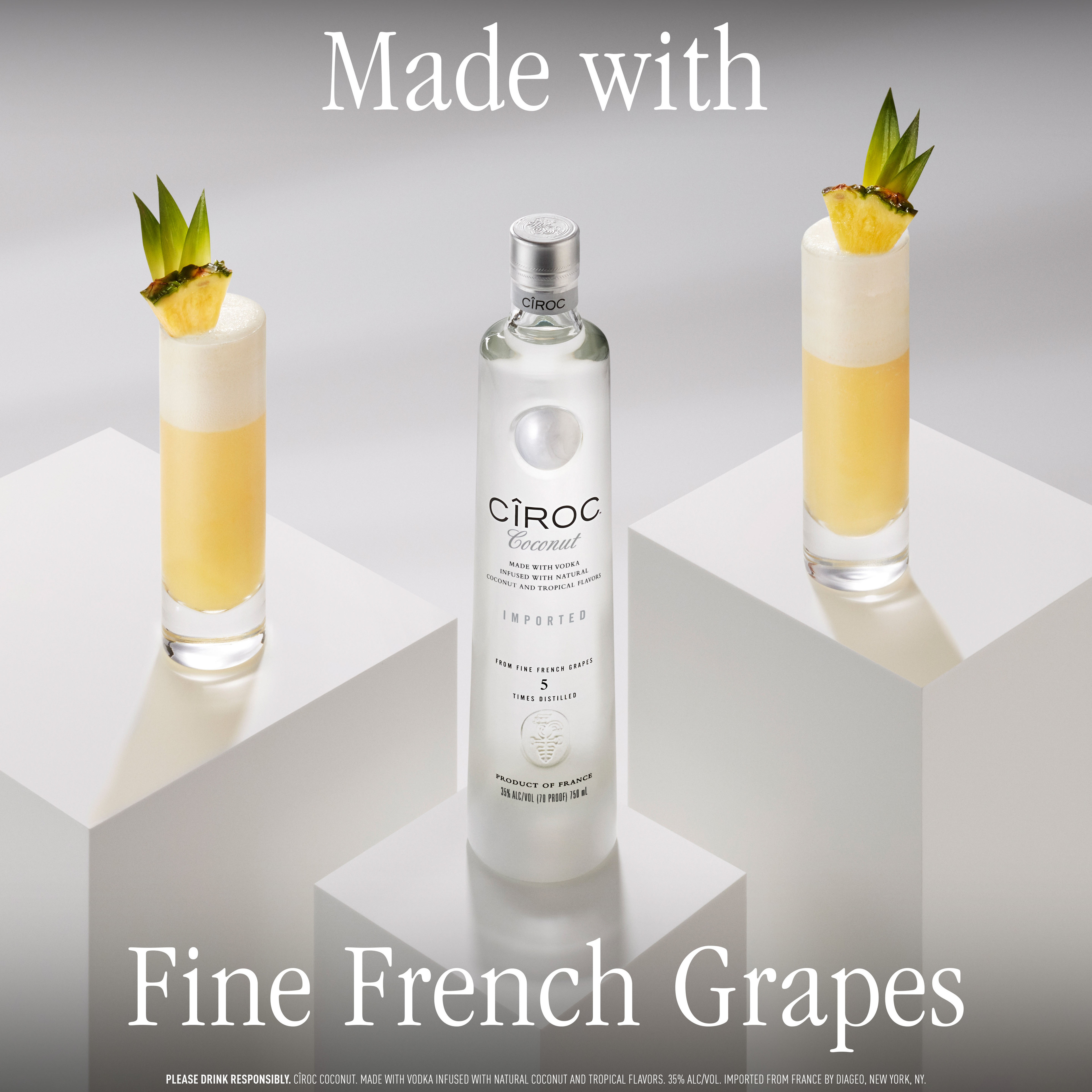 CIROC Coconut is a rich tasting spirit made with vodka distilled five times from fine French grapes, finished in a tailor-made copper pot still in Southern France. This spirit is masterfully infused with coconut and other natural flavors, resulting in a taste experience that is lusciously different and elegantly smooth. Perfect for a Hot Mama cocktail. Includes one 70 proof 1.75 L bottle of CIROC Coconut. Please drink responsibly., One 1.75 L bottle of CIROC Coconut, Perfect as a gift or for any celebration, Gluten-free, Masterfully infused with coconut and other natural flavors, Made with vodka distilled five times from fine French grapes, Finished in a tailor-made copper pot still in Southern France