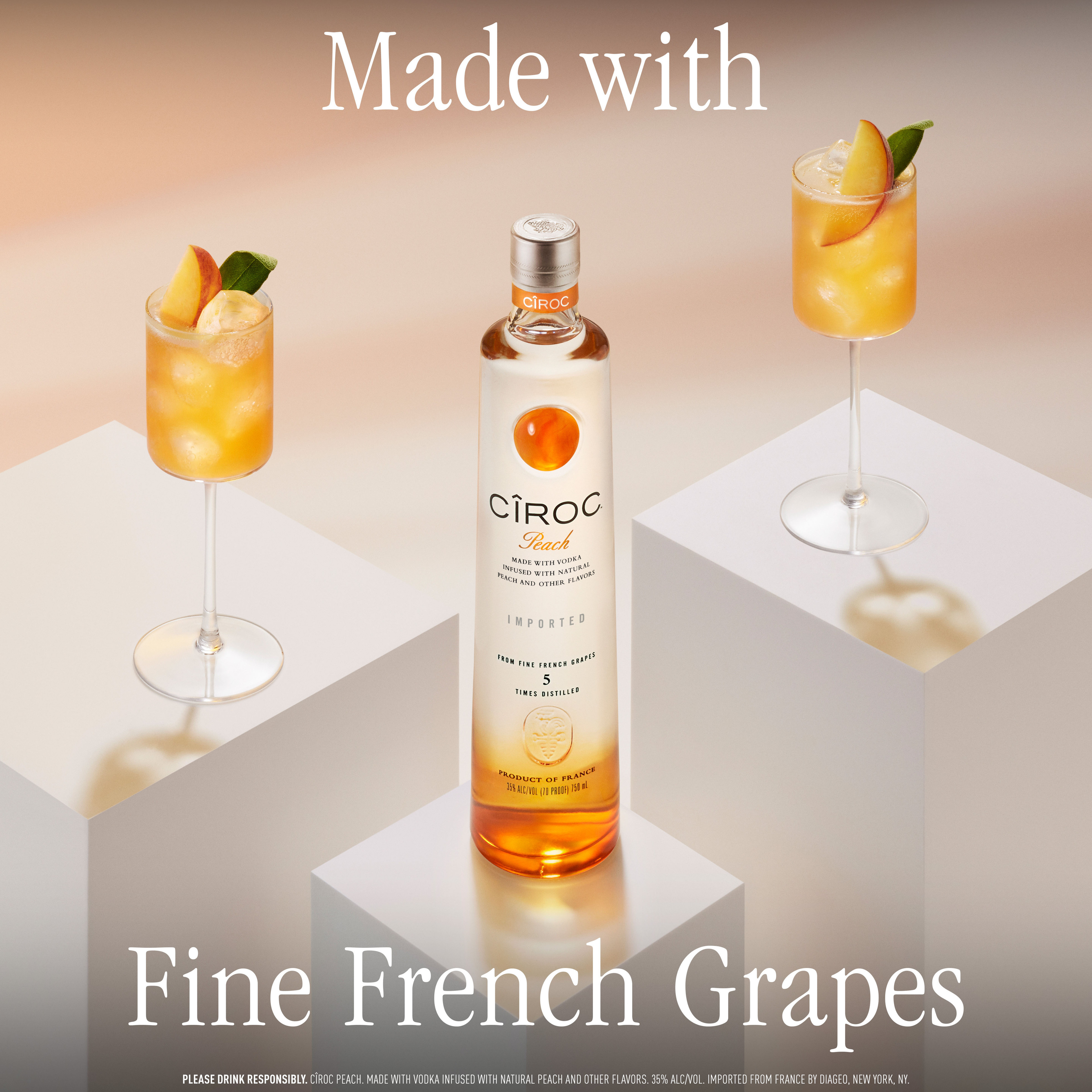 CIROC Peach is a rich tasting spirit made with vodka distilled five times from fine French grapes, finished in a tailor-made copper pot still in Southern France. This spirit is masterfully infused with a distinctive blend of peach and other natural flavors, resulting in a taste experience that is lusciously different and elegantly smooth. Perfect for a Peach Bellini cocktail. CIROC was named One of the Worldâ€™s Best-Selling Vodkas at the 2020 Drinks International awards. Includes one 70 proof 1.75 L bottle of CIROC Peach. Please drink responsibly., One 1.75 L bottle of CIROC Peach, Perfect as a gift or for any celebration, Gluten-free, Masterfully infused with peach and other natural flavors, Made with vodka distilled five times from fine French grapes, Finished in a tailor-made copper pot still in Southern France