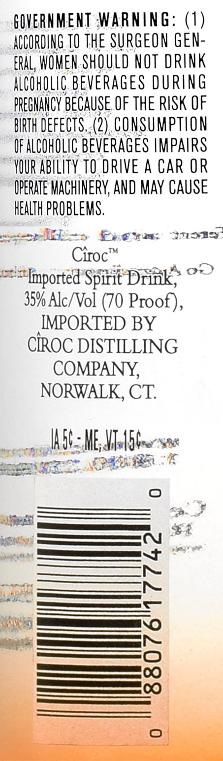 CIROC Peach is a rich tasting spirit made with vodka distilled five times from fine French grapes, finished in a tailor-made copper pot still in Southern France. This spirit is masterfully infused with a distinctive blend of peach and other natural flavors, resulting in a taste experience that is lusciously different and elegantly smooth. Perfect for a Peach Bellini cocktail. CIROC was named One of the Worldâ€™s Best-Selling Vodkas at the 2020 Drinks International awards. Includes one 70 proof 1.75 L bottle of CIROC Peach. Please drink responsibly., One 1.75 L bottle of CIROC Peach, Perfect as a gift or for any celebration, Gluten-free, Masterfully infused with peach and other natural flavors, Made with vodka distilled five times from fine French grapes, Finished in a tailor-made copper pot still in Southern France