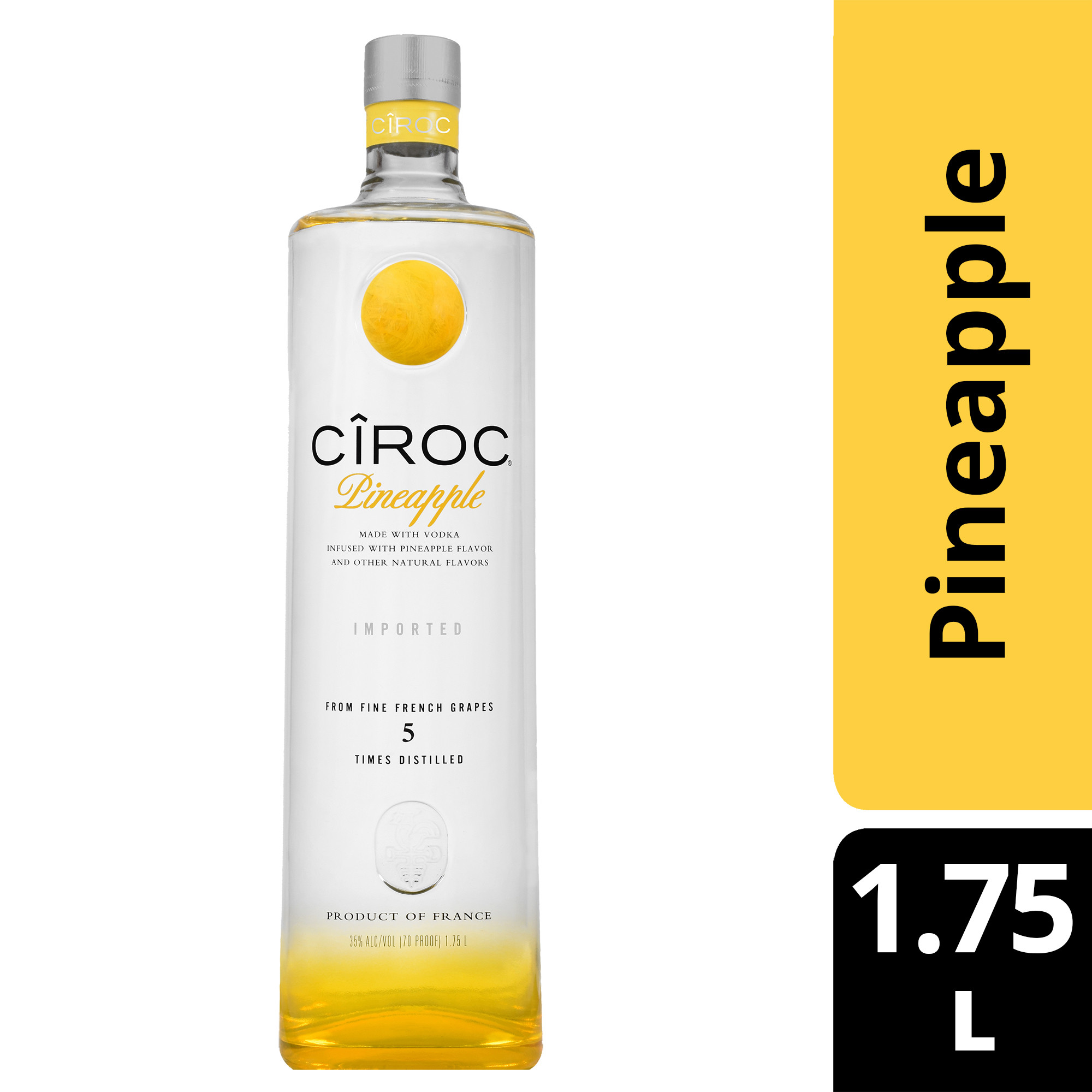 CIROC Pineapple is a rich tasting spirit made with vodka distilled five times from fine French grapes, finished in a tailor-made copper pot still in Southern France. This spirit is masterfully infused with a distinctive blend of pineapple and other natural flavors, resulting in a taste experience that is lusciously different and elegantly smooth. Perfect for any vodka soda. Includes one 70 proof 1.75 L bottle of CIROC Pineapple. Please drink responsibly., One 1.75 L bottle of CIROC Pineapple, Perfect as a gift or for any celebration, Gluten-free, Masterfully infused with pineapple and other natural flavors, Made with vodka distilled five times from fine French grapes, Finished in a tailor-made copper pot still in Southern France