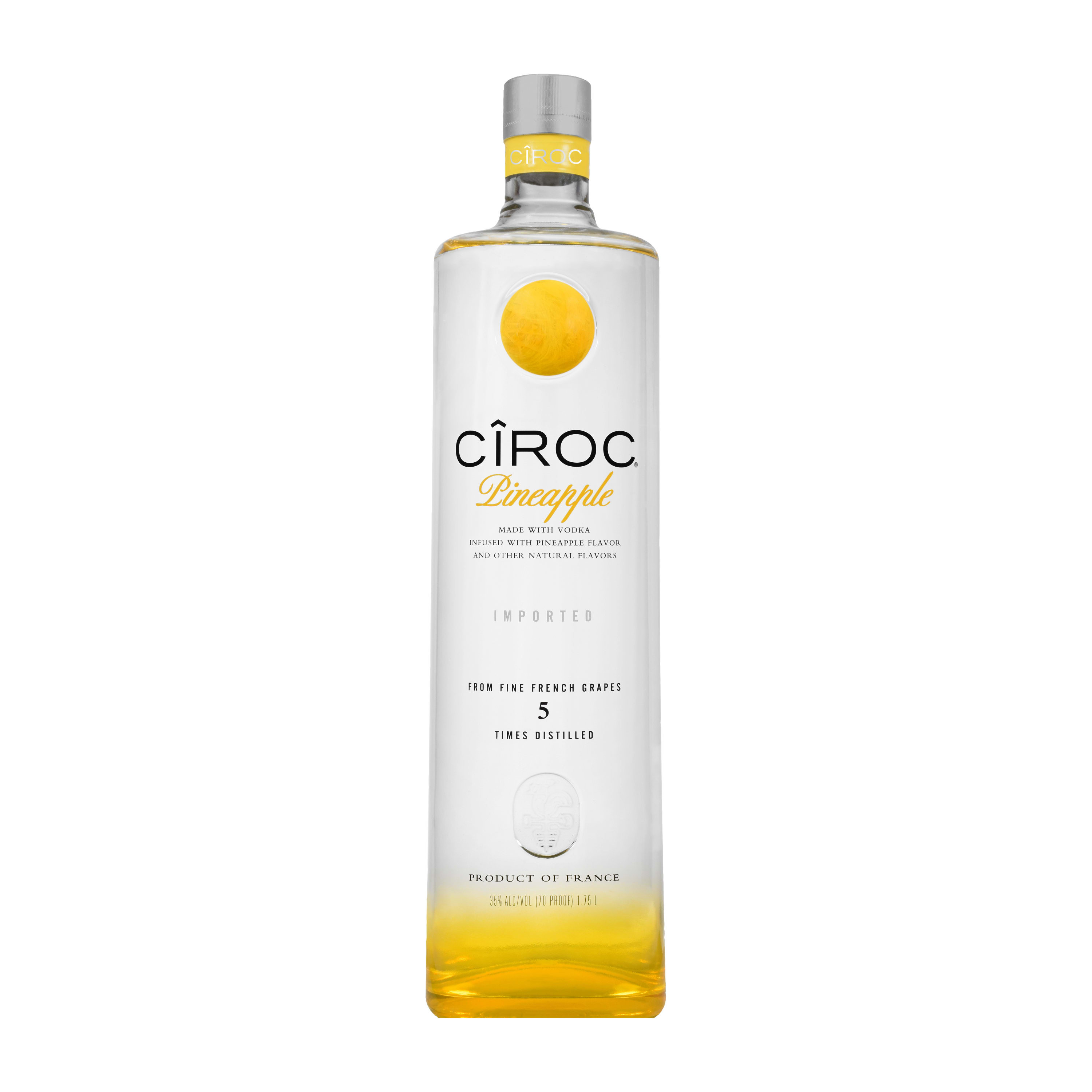 CIROC Pineapple is a rich tasting spirit made with vodka distilled five times from fine French grapes, finished in a tailor-made copper pot still in Southern France. This spirit is masterfully infused with a distinctive blend of pineapple and other natural flavors, resulting in a taste experience that is lusciously different and elegantly smooth. Perfect for any vodka soda. Includes one 70 proof 1.75 L bottle of CIROC Pineapple. Please drink responsibly., One 1.75 L bottle of CIROC Pineapple, Perfect as a gift or for any celebration, Gluten-free, Masterfully infused with pineapple and other natural flavors, Made with vodka distilled five times from fine French grapes, Finished in a tailor-made copper pot still in Southern France