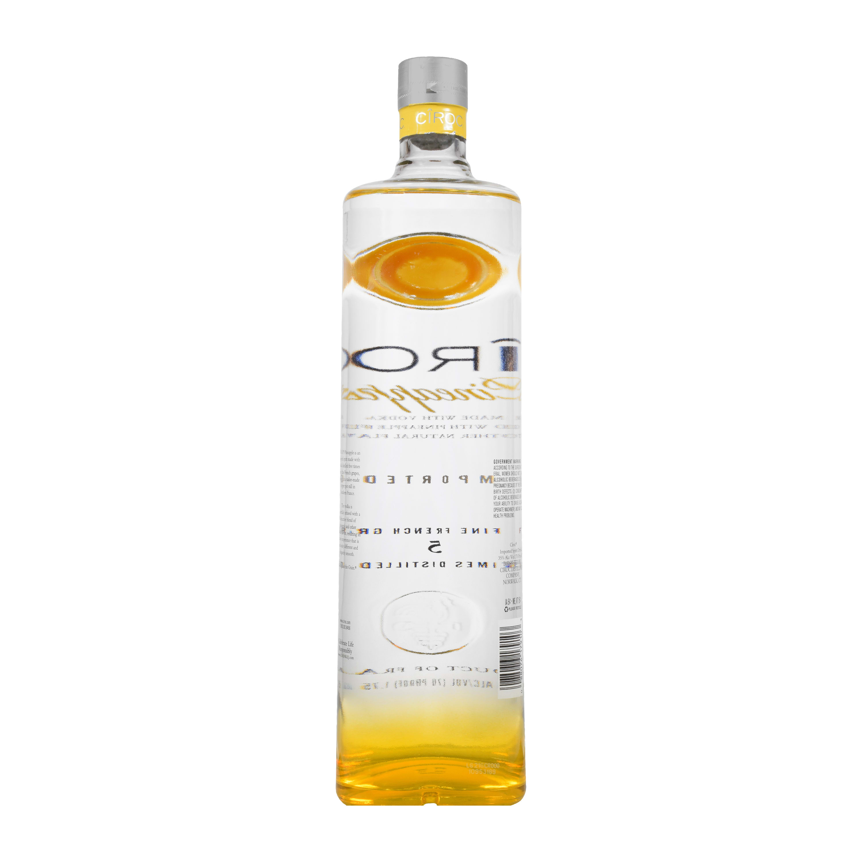CIROC Pineapple is a rich tasting spirit made with vodka distilled five times from fine French grapes, finished in a tailor-made copper pot still in Southern France. This spirit is masterfully infused with a distinctive blend of pineapple and other natural flavors, resulting in a taste experience that is lusciously different and elegantly smooth. Perfect for any vodka soda. Includes one 70 proof 1.75 L bottle of CIROC Pineapple. Please drink responsibly., One 1.75 L bottle of CIROC Pineapple, Perfect as a gift or for any celebration, Gluten-free, Masterfully infused with pineapple and other natural flavors, Made with vodka distilled five times from fine French grapes, Finished in a tailor-made copper pot still in Southern France